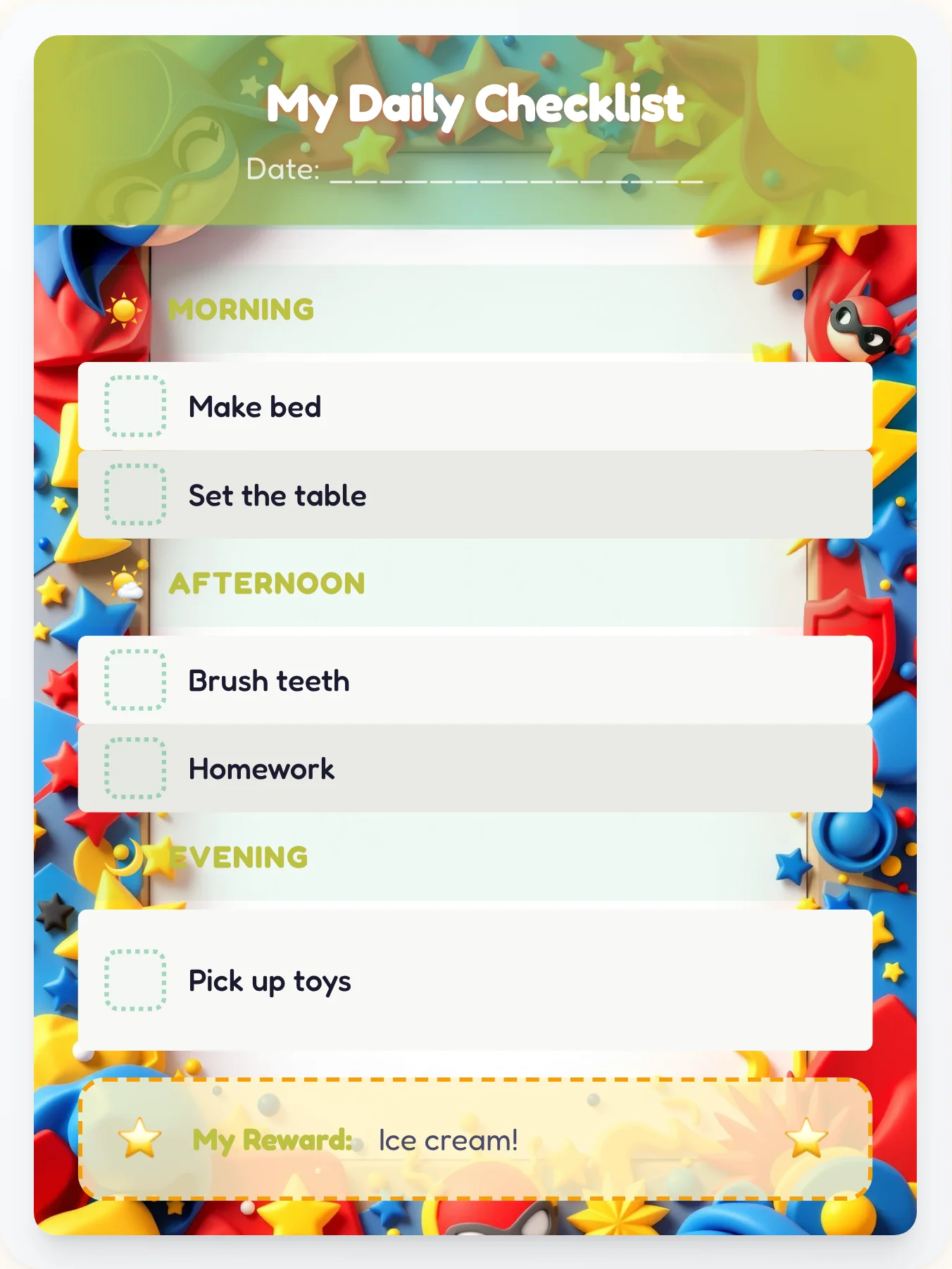 Lively Superhero Checklist - printable superhero chore chart