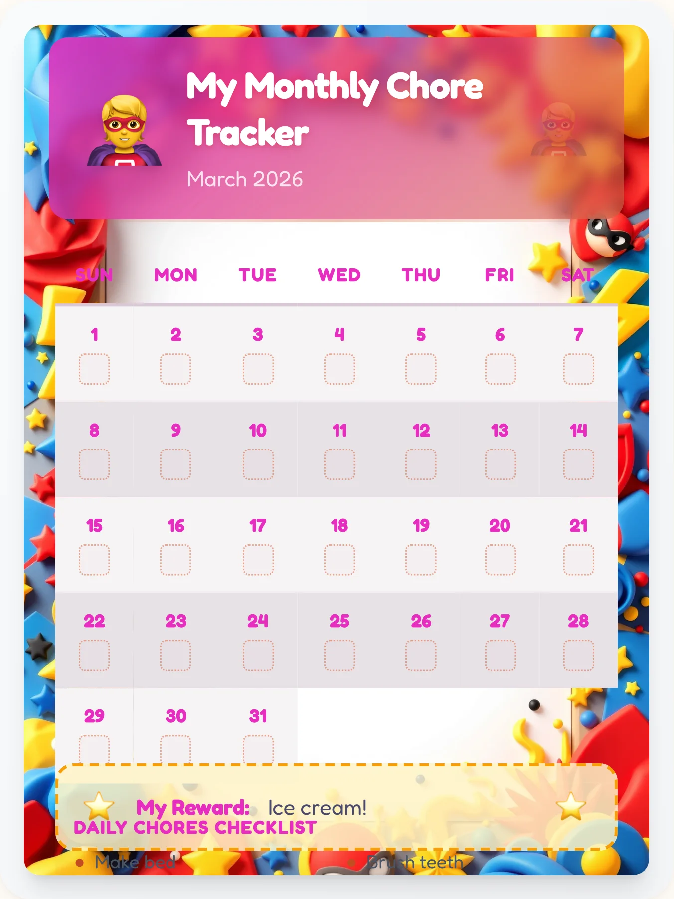 Bold Superhero Calendar Chart - printable superhero chore chart