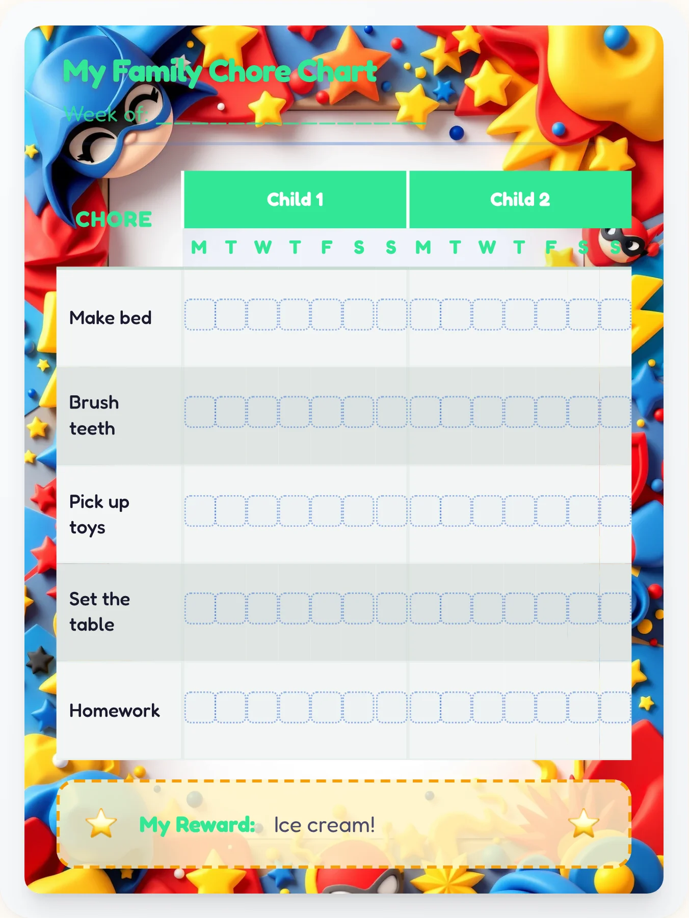Dainty Superhero Team Chart - printable superhero chore chart