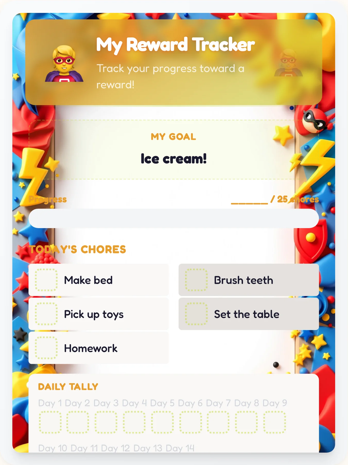 Golden Superhero Achievement Board - printable superhero chore chart