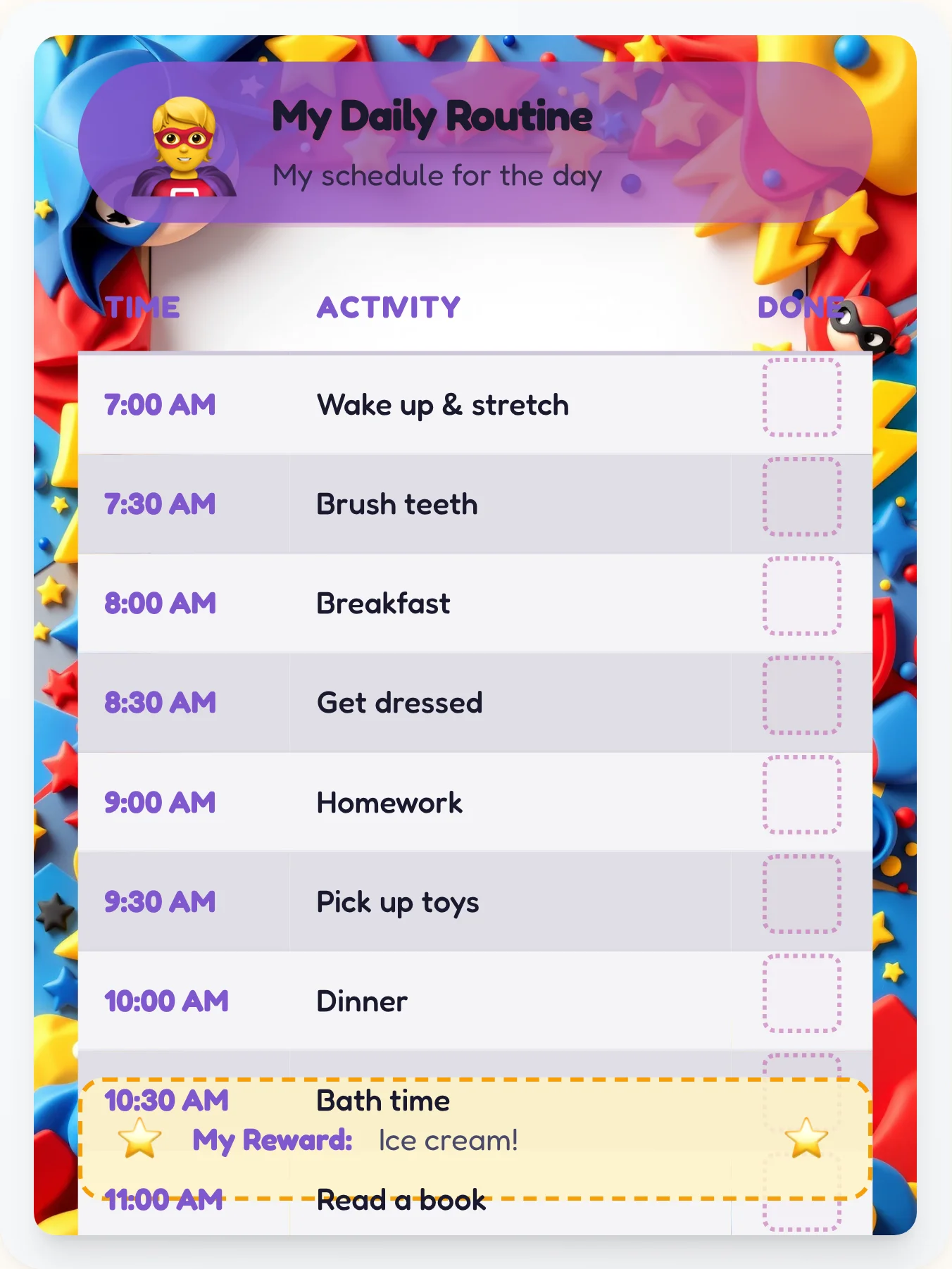 Royal Superhero Routine Board - printable superhero chore chart