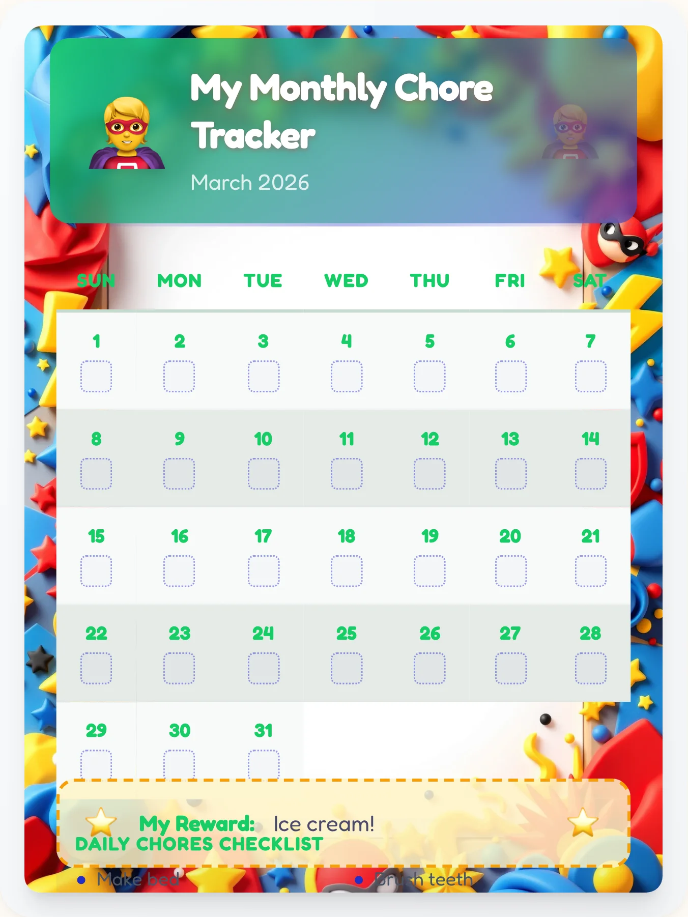 Cheerful Superhero Monthly Grid - printable superhero chore chart