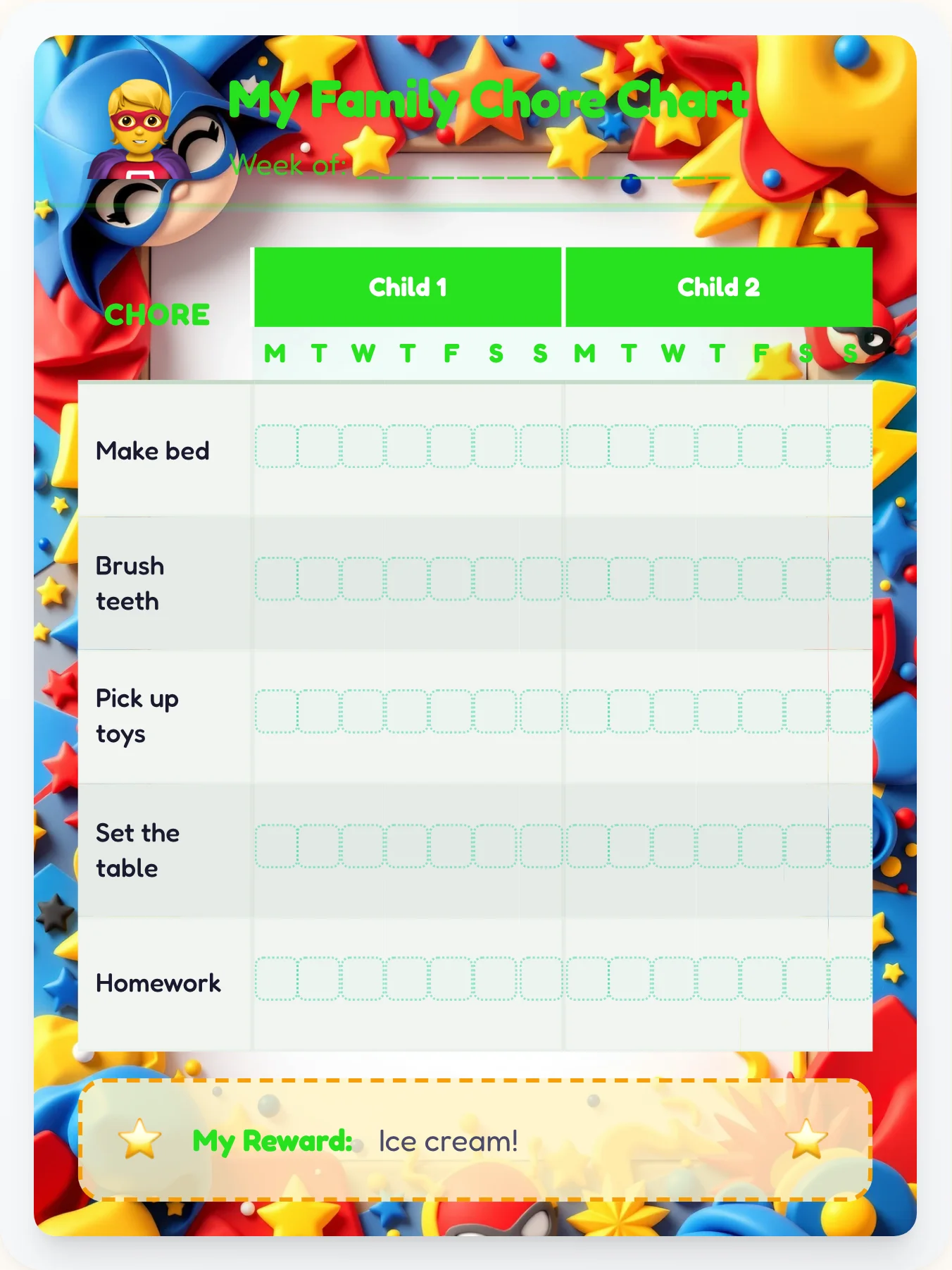Tender Superhero Group Planner - printable superhero chore chart