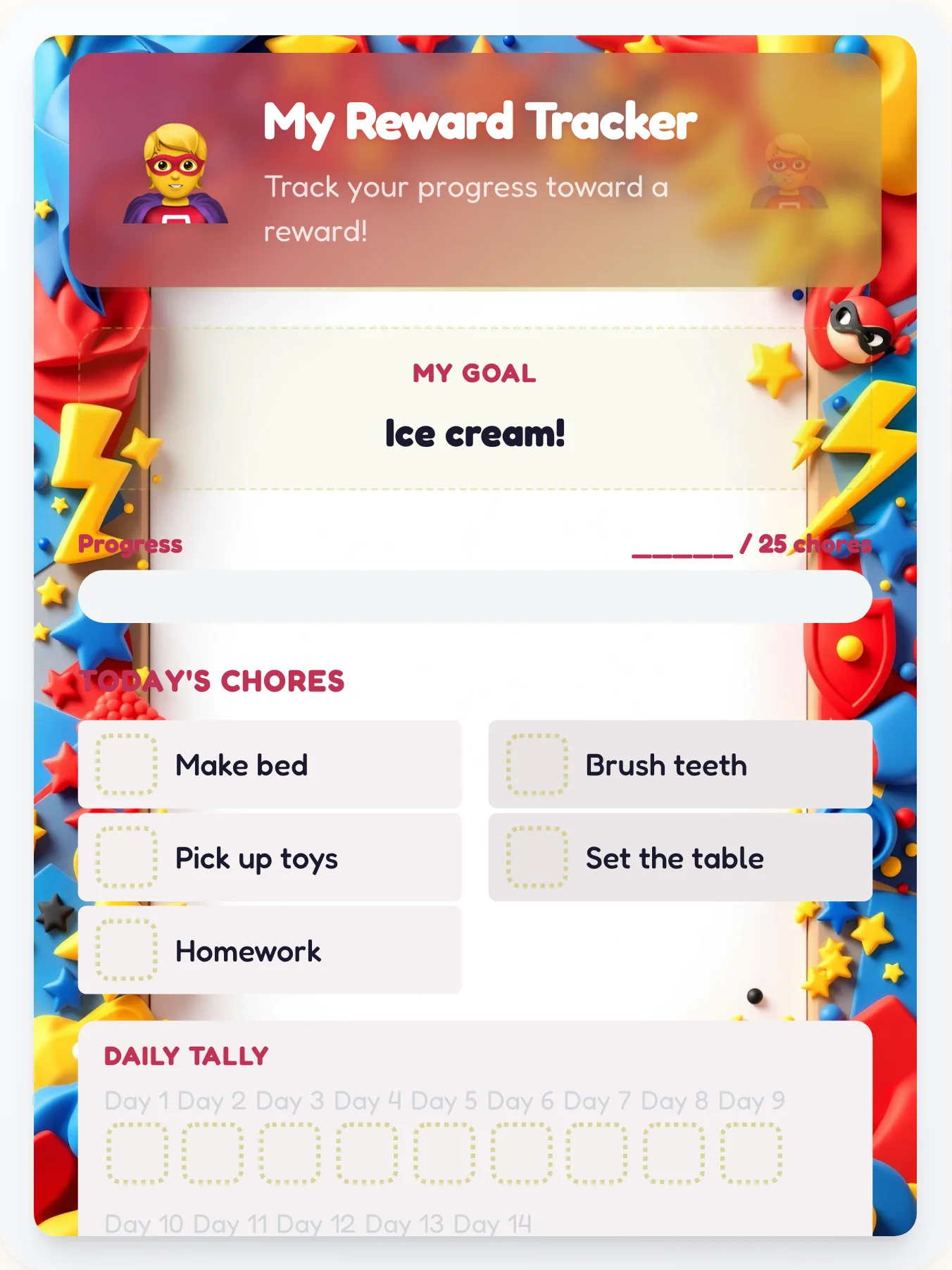 Frosty Superhero Prize Chart - printable superhero chore chart