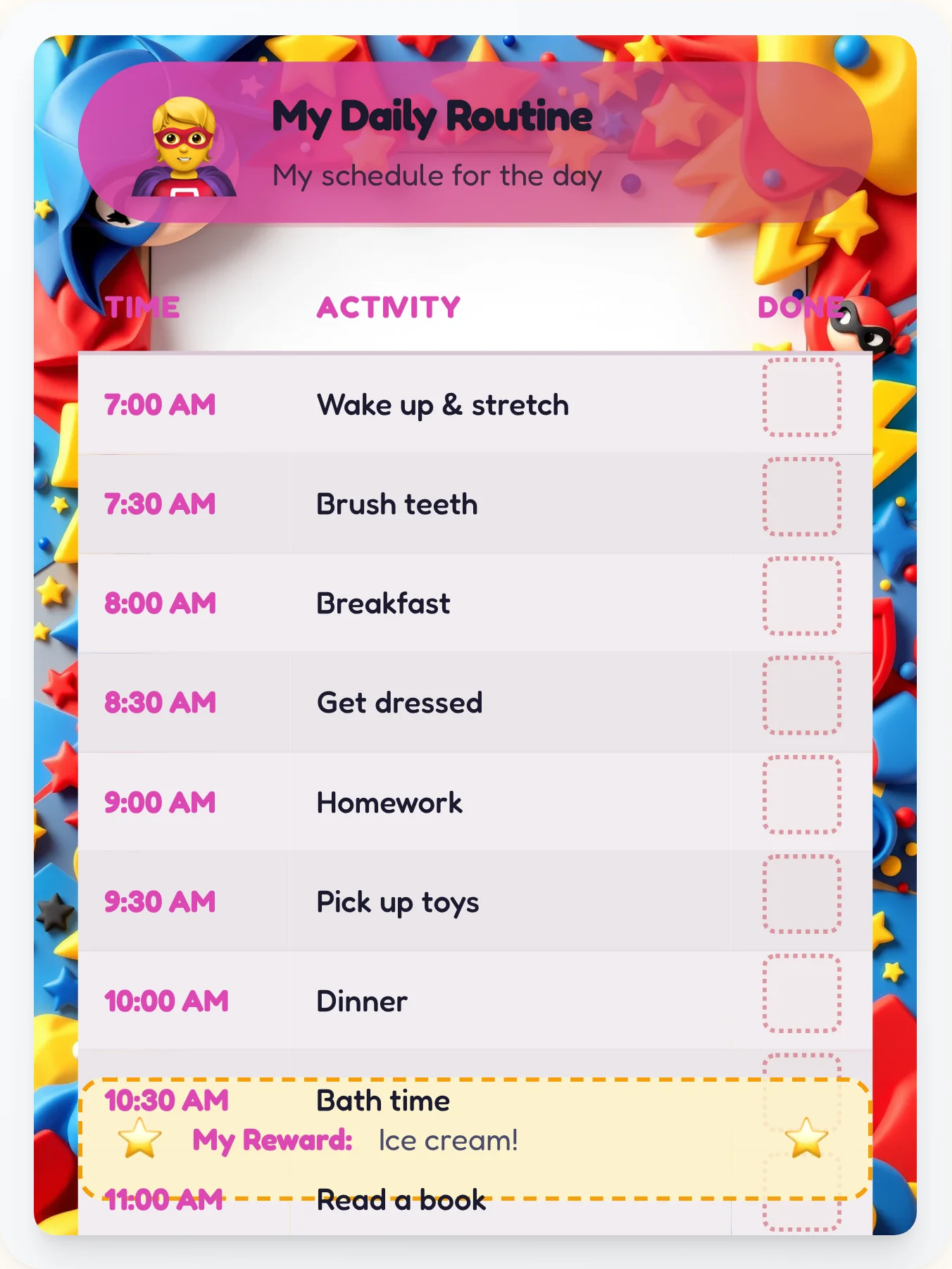 Bold Superhero Time Planner - printable superhero chore chart