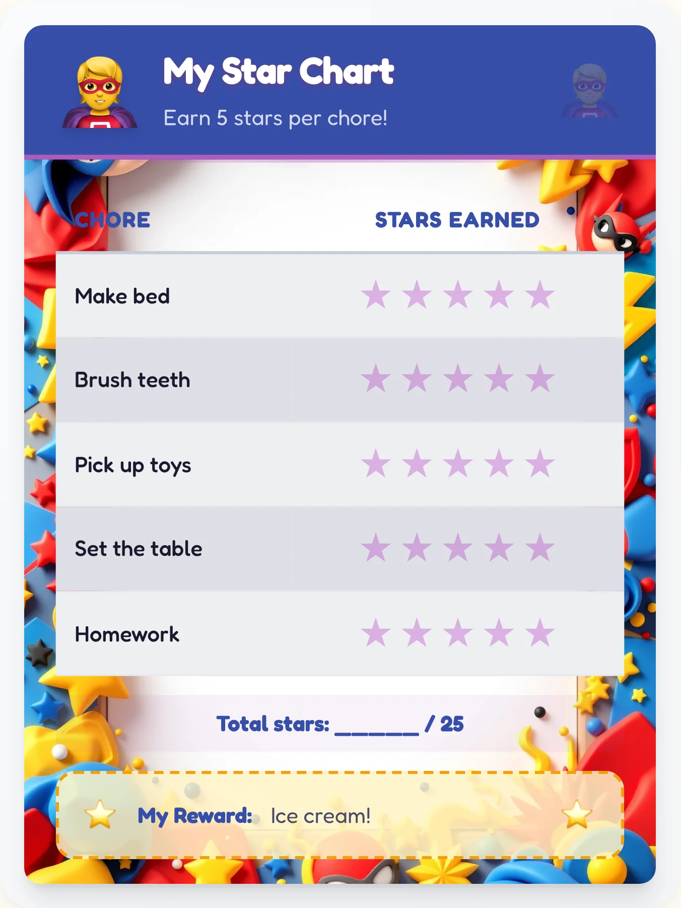 Mellow Superhero Star Chart - printable superhero chore chart