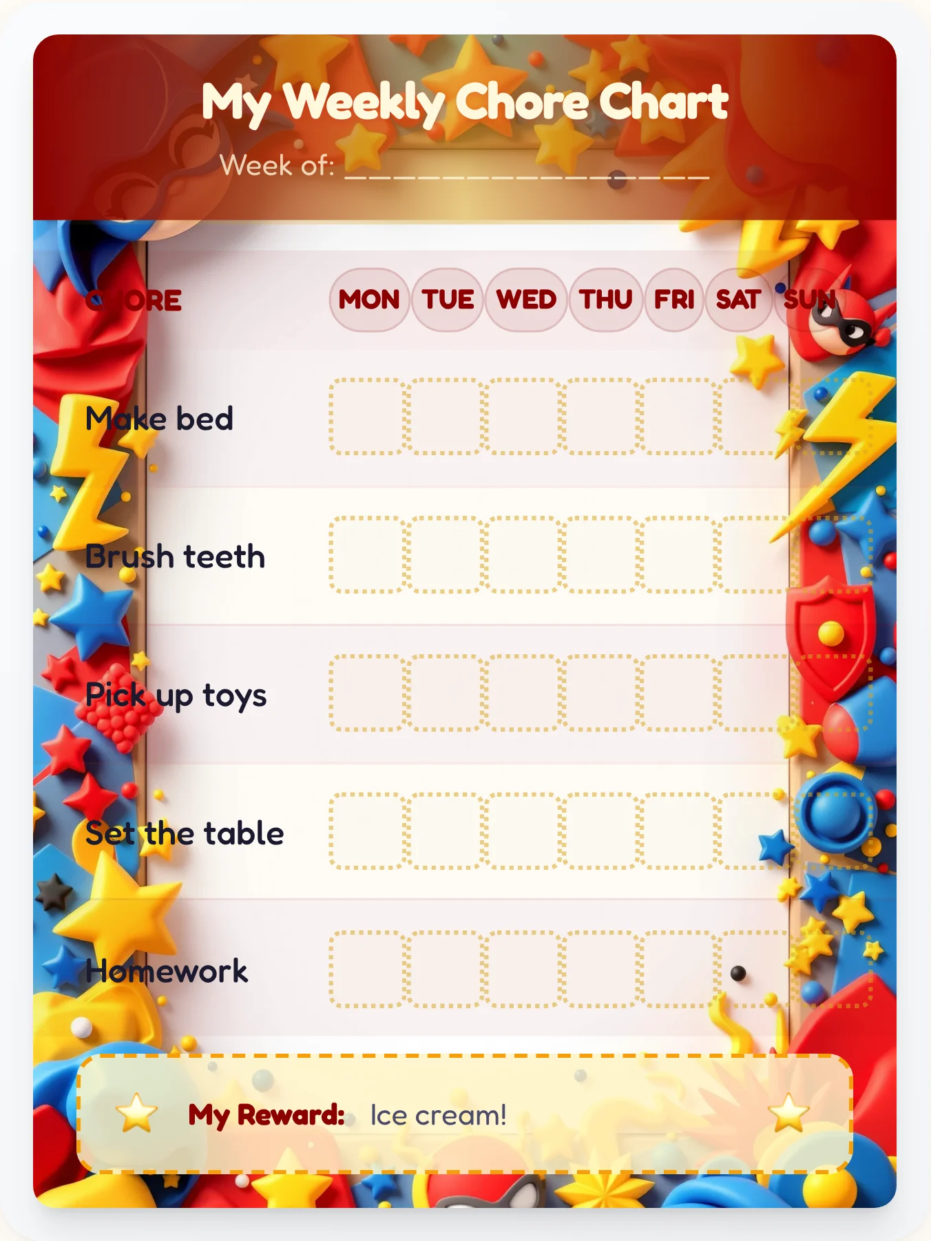 Golden Age Hero Chore Chart - printable superhero chore chart