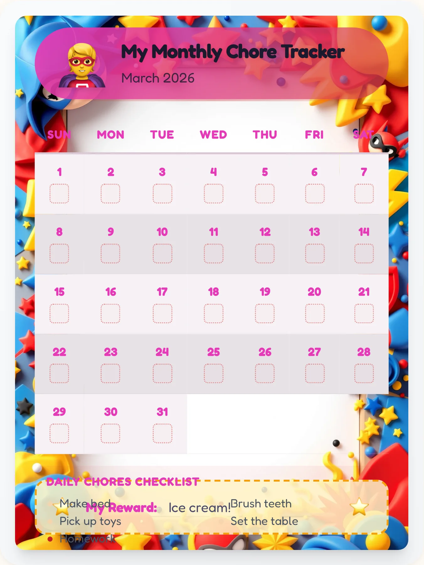 Bold Superhero Monthly Planner - printable superhero chore chart