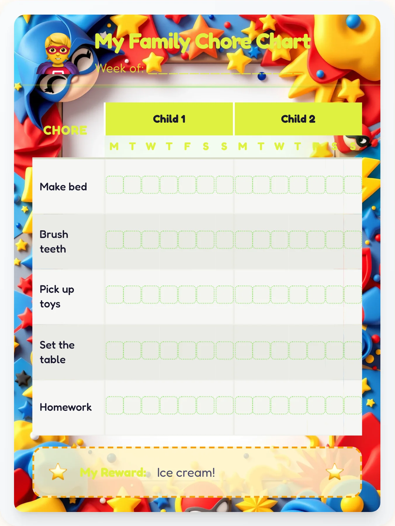 Misty Superhero Multi-Kid Tracker - printable superhero chore chart
