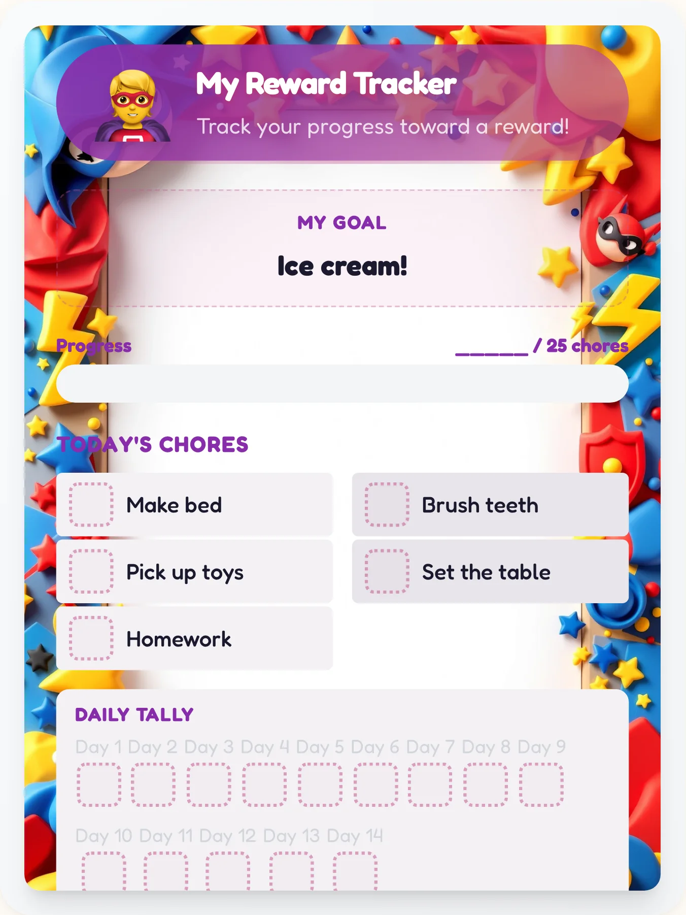 Urban Superhero Prize Chart - printable superhero chore chart