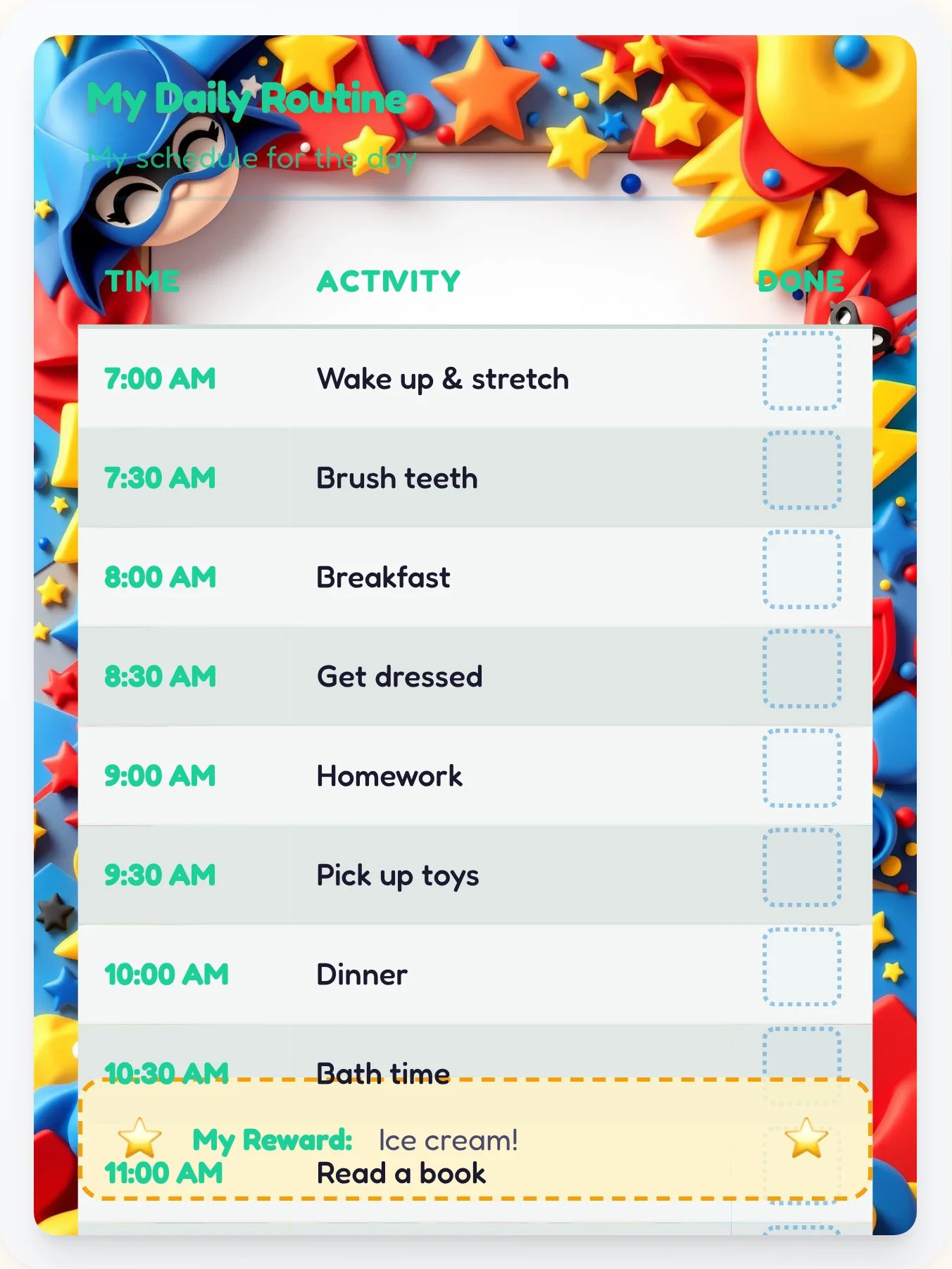 Enchanted Superhero Daily Routine - printable superhero chore chart