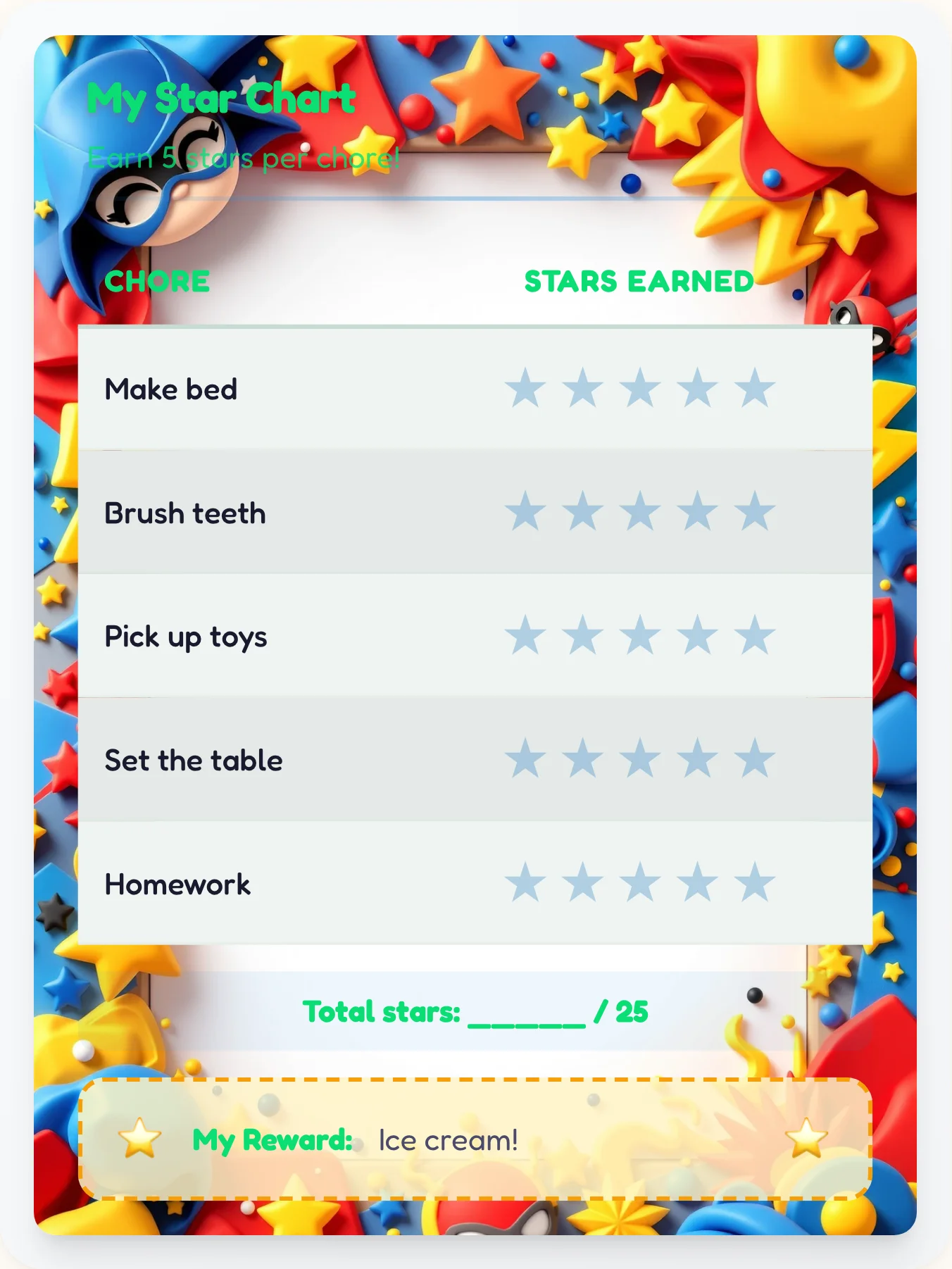 Cheerful Superhero Star Rewards - printable superhero chore chart