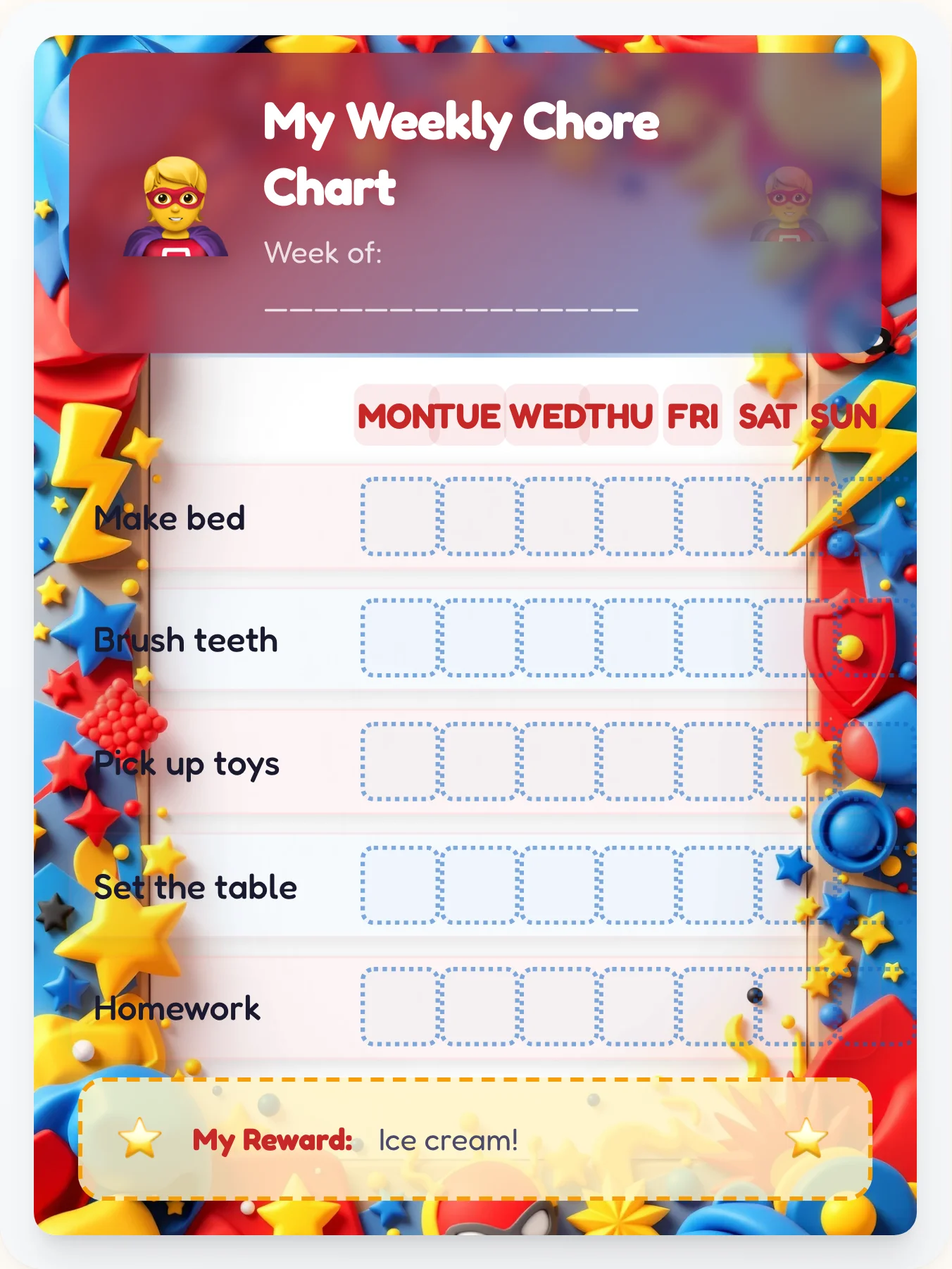 Hero's Sunset Chore Chart - printable superhero chore chart