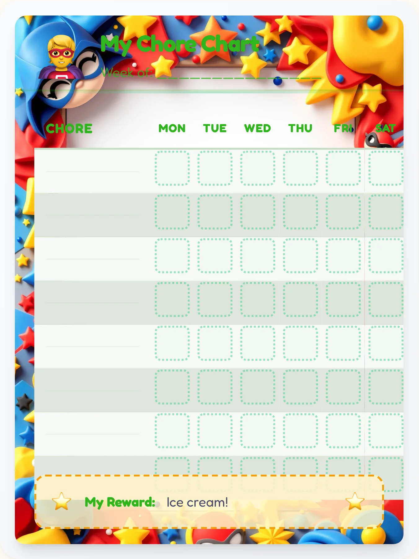 Tender Superhero DIY Chart - printable superhero chore chart