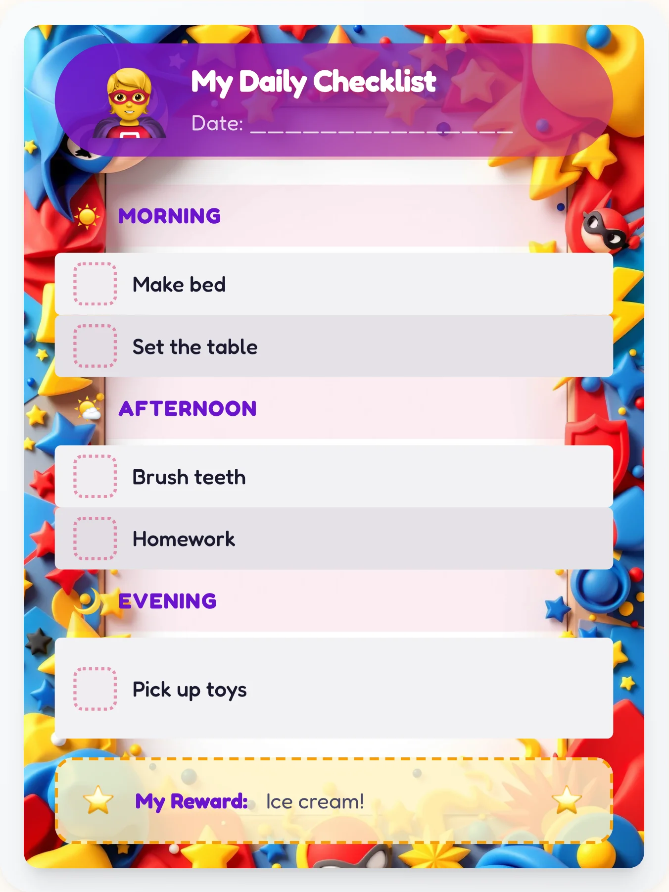 Serene Superhero Daily Planner - printable superhero chore chart