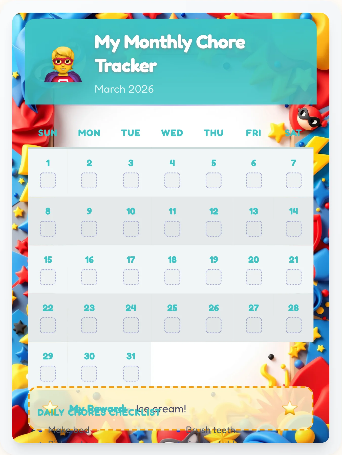Hazy Superhero Month View - printable superhero chore chart