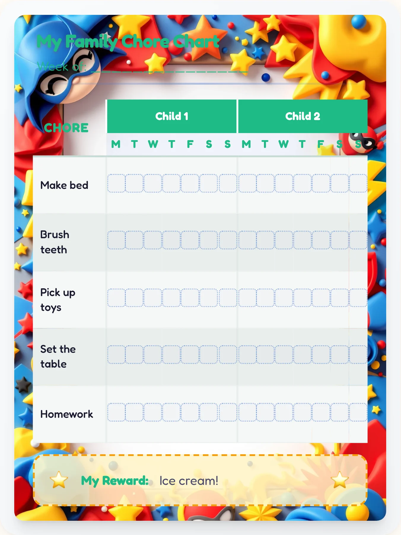 Enchanted Superhero Group Planner - printable superhero chore chart