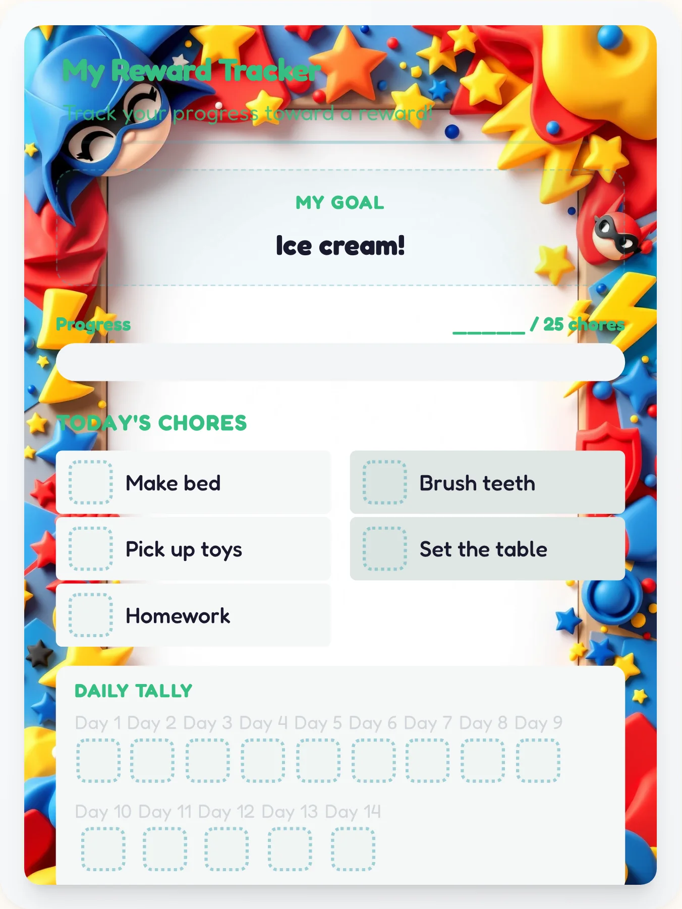 Dainty Superhero Prize Chart - printable superhero chore chart