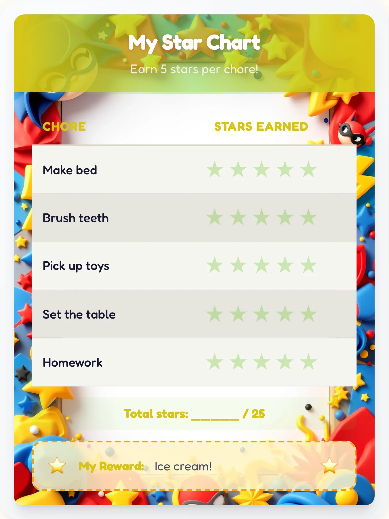 Jolly Superhero Gold Stars - printable superhero chore chart