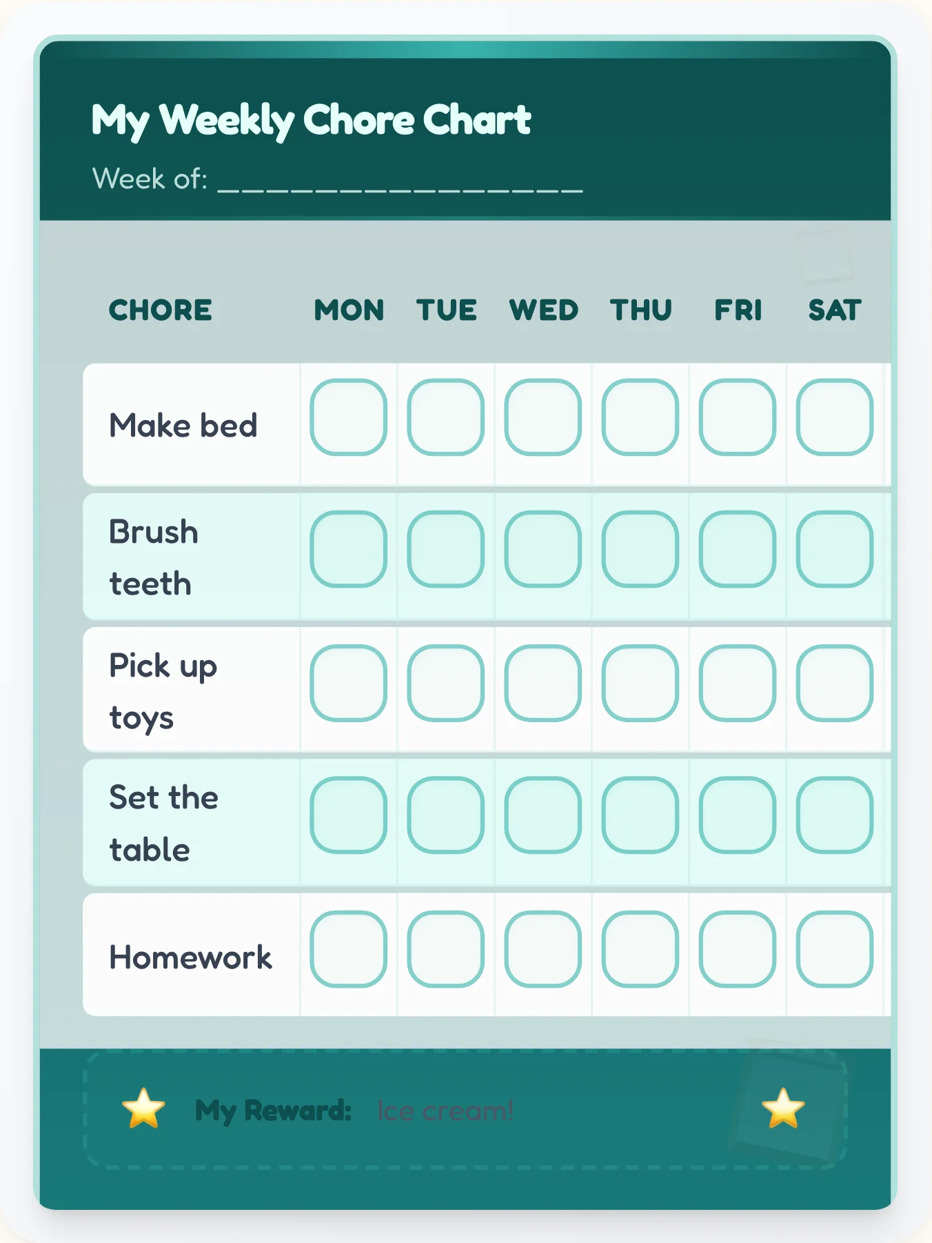 Teal Corporate Weekly Tracker - printable professional chore chart