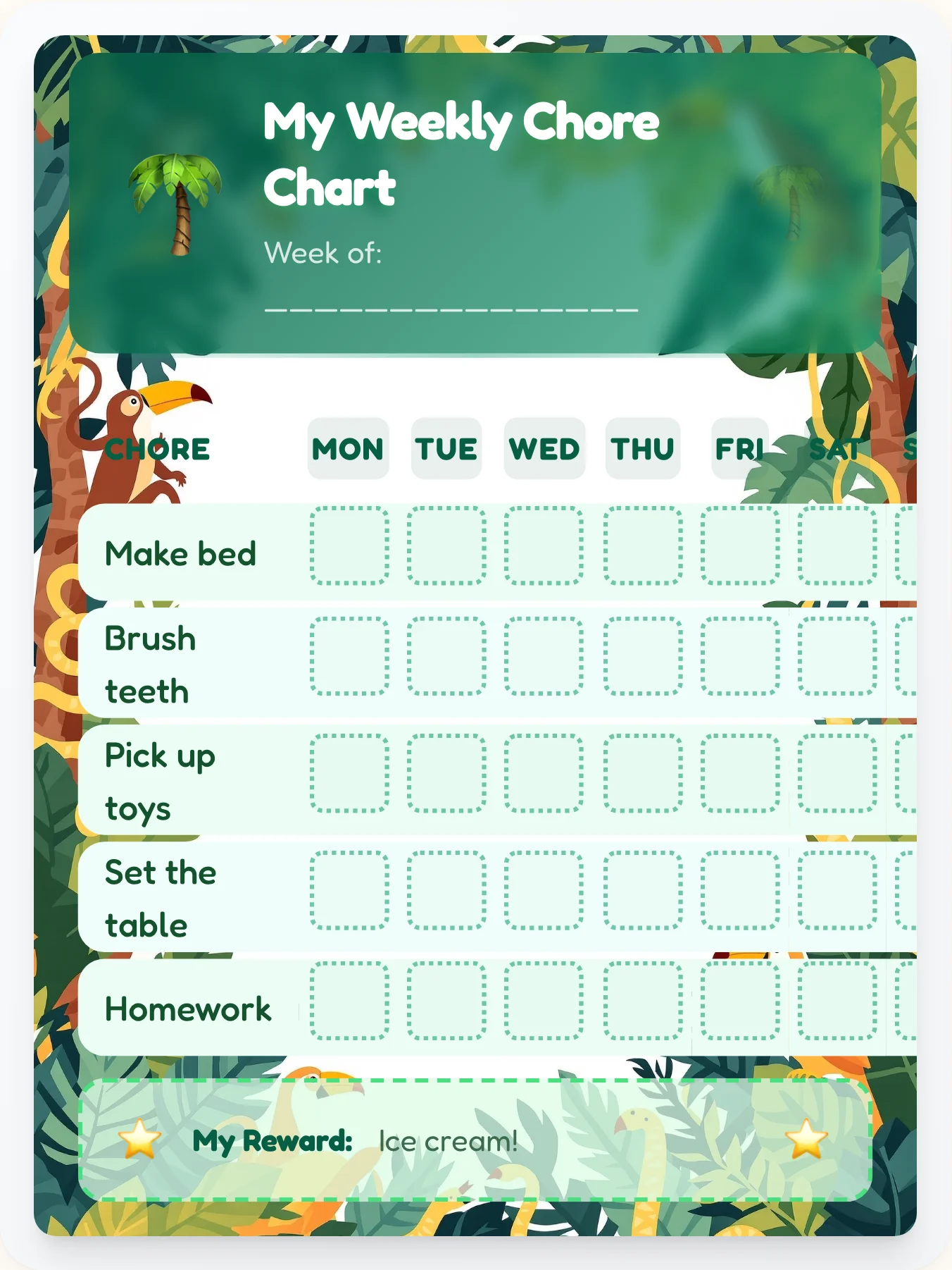 Tropical Jungle Flat Vector Chore Chart - printable jungle chore chart