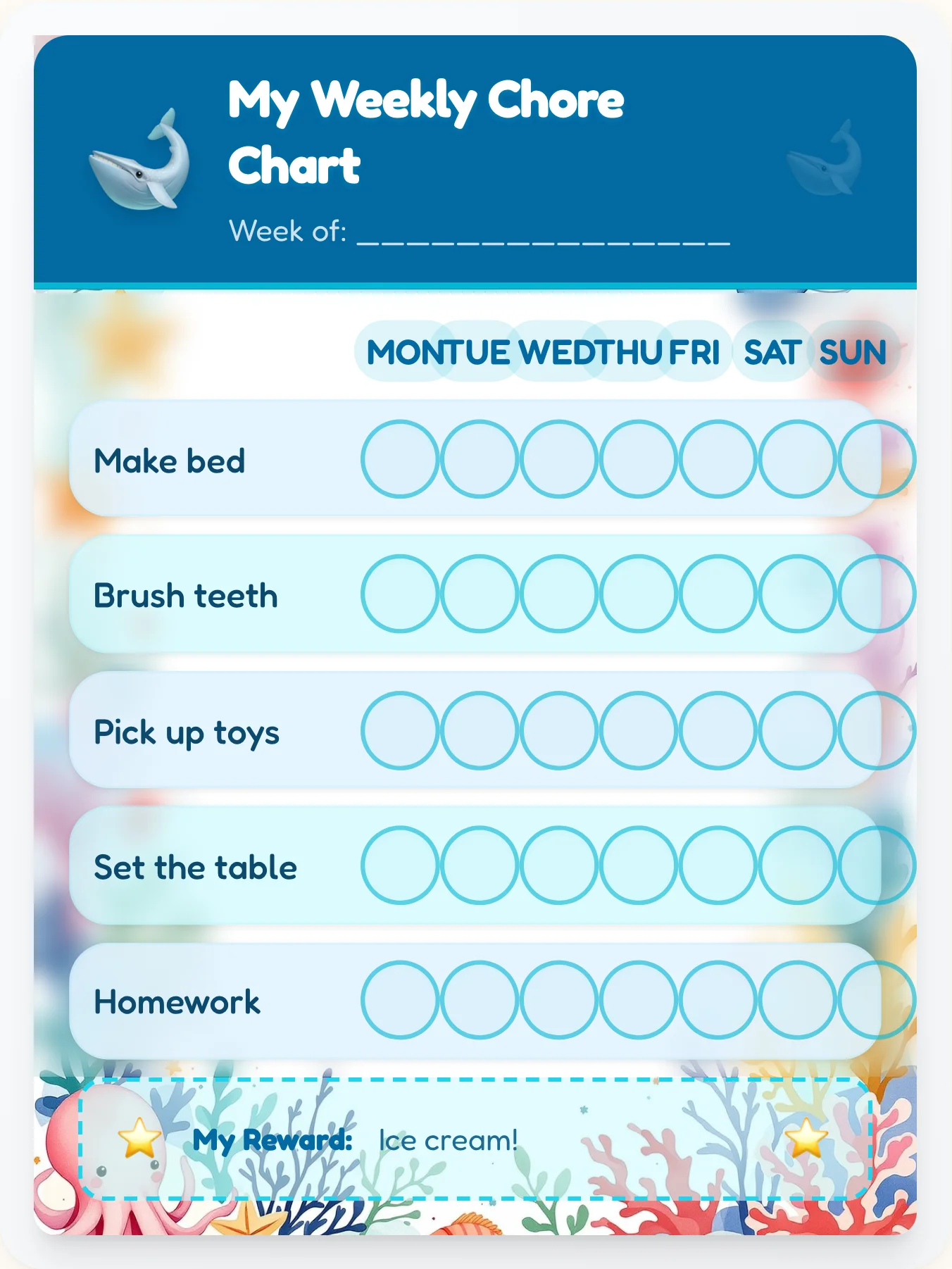 Under the Sea Watercolor Chore Chart - printable ocean chore chart