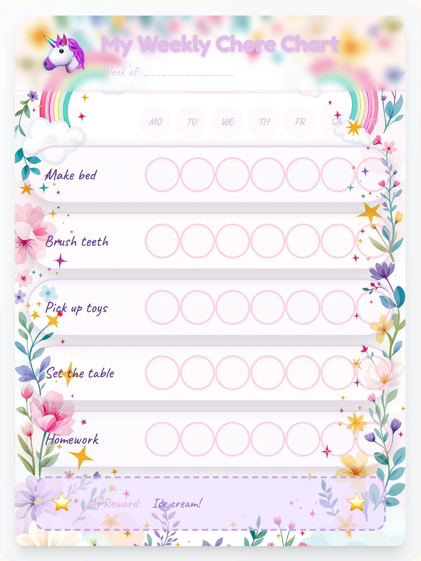 Pastel Dream Chore Chart - printable unicorn chore chart