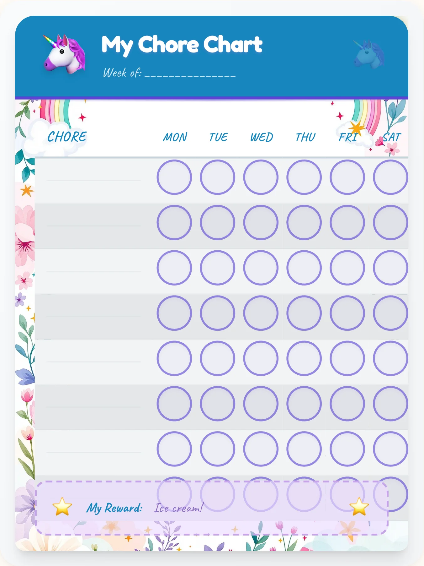 Joyful Unicorn Free Form - printable unicorn chore chart