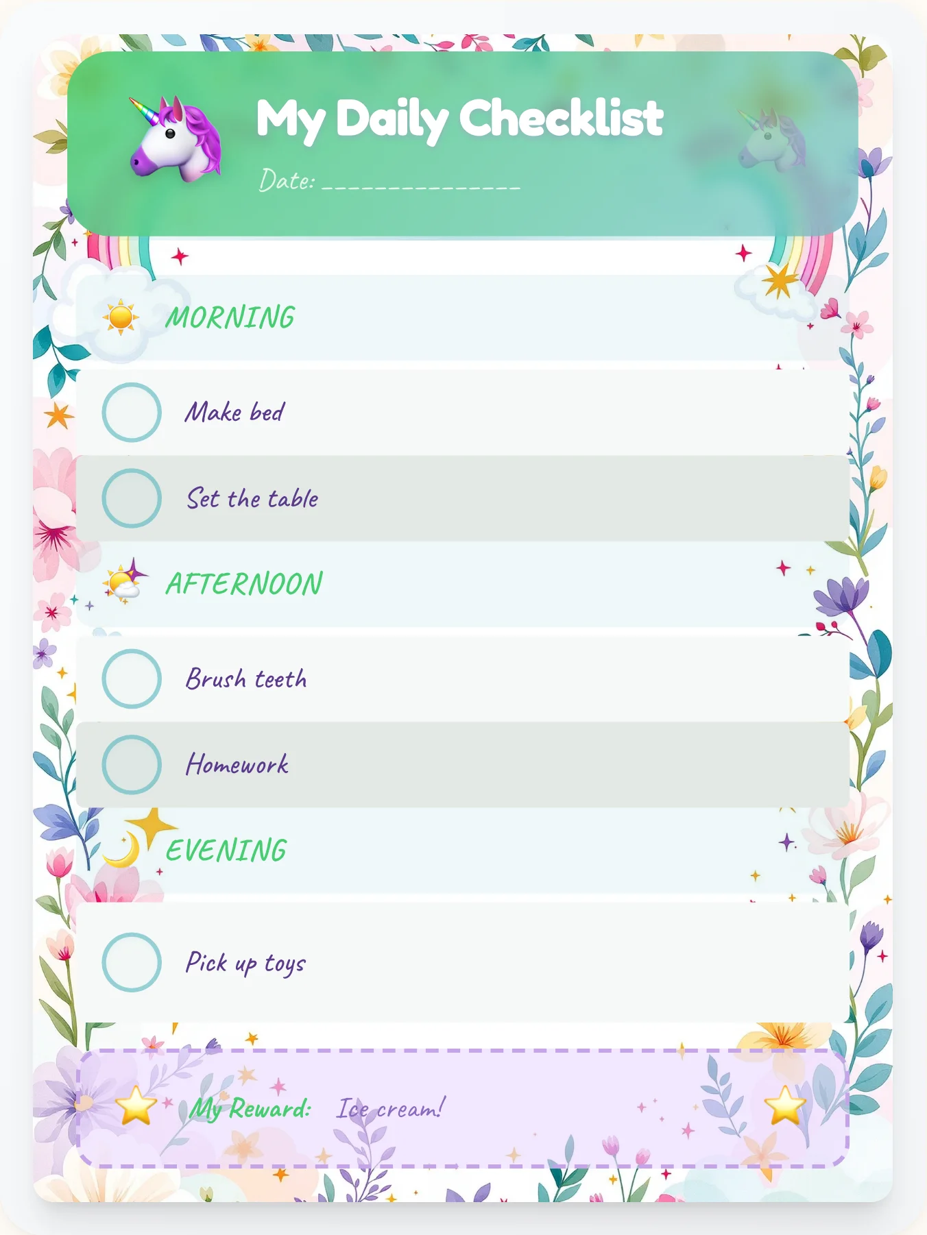 Zen Unicorn Daily Planner - printable unicorn chore chart