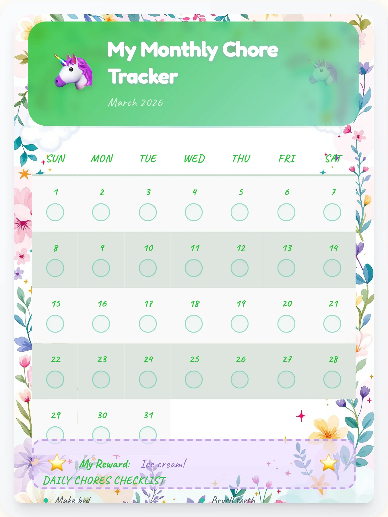 Vivid Unicorn Month View - printable unicorn chore chart