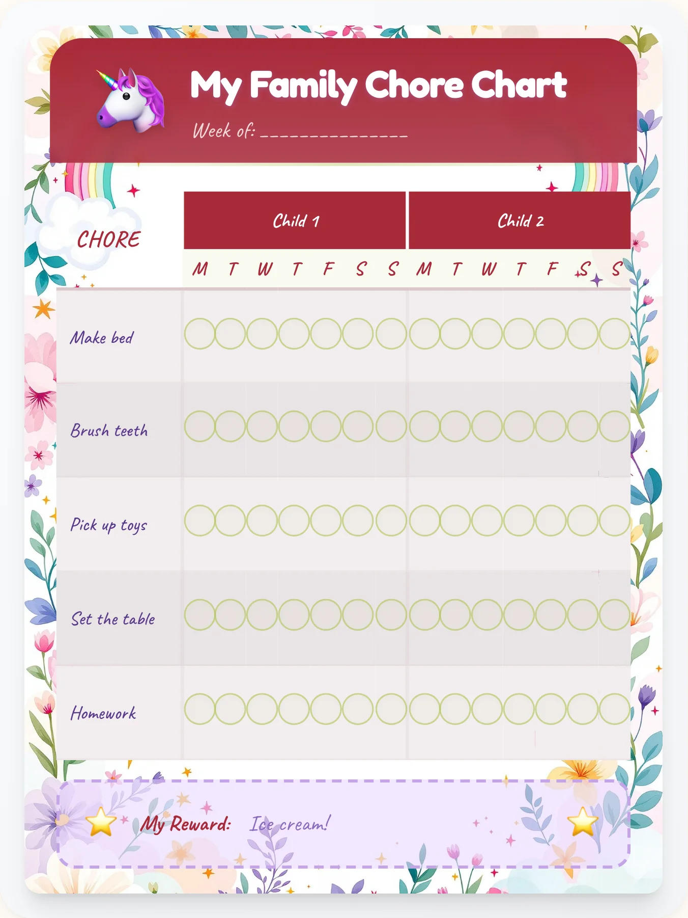 Glossy Unicorn Multi-Kid Tracker - printable unicorn chore chart