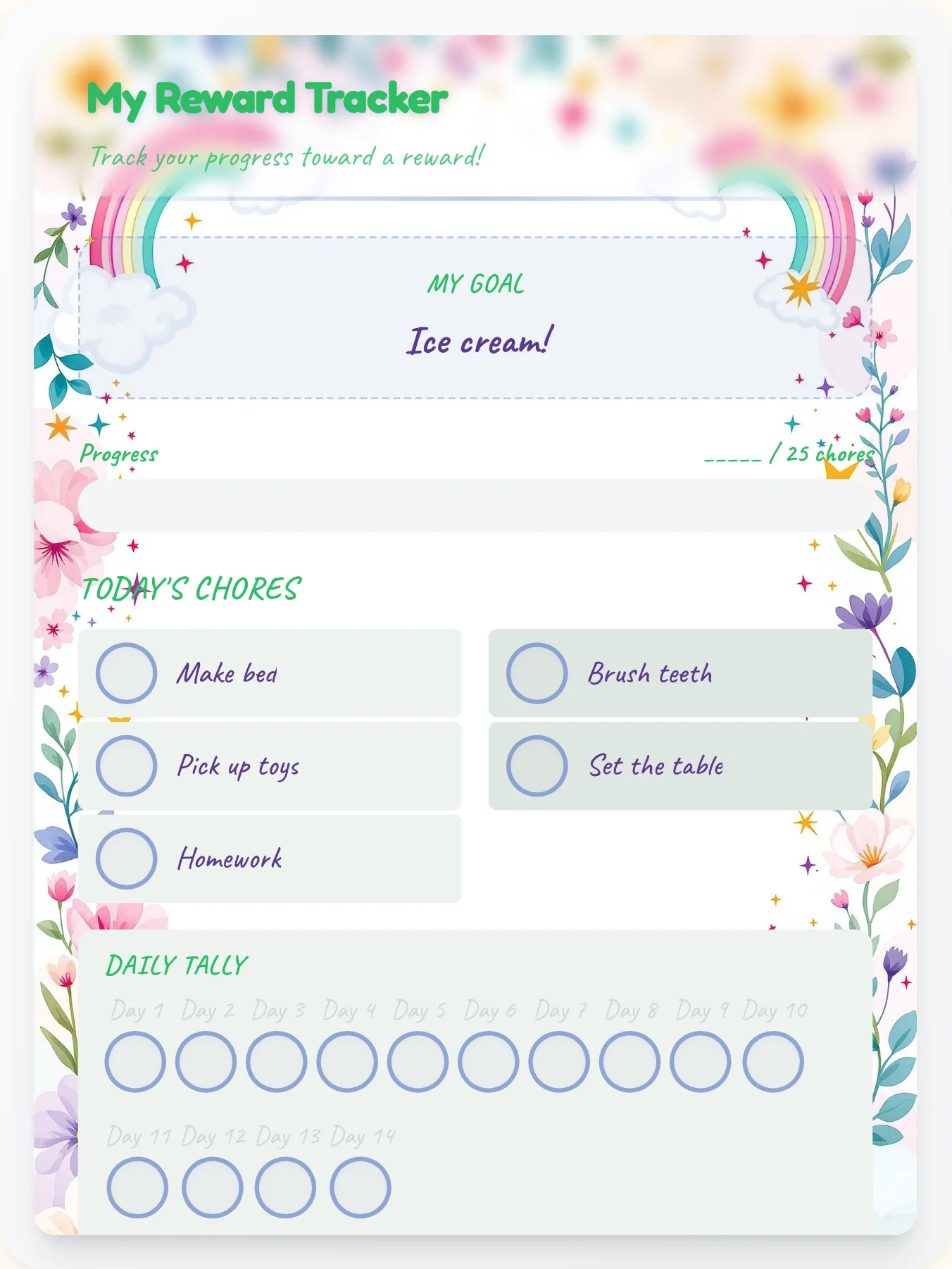Zen Unicorn Points Tracker - printable unicorn chore chart