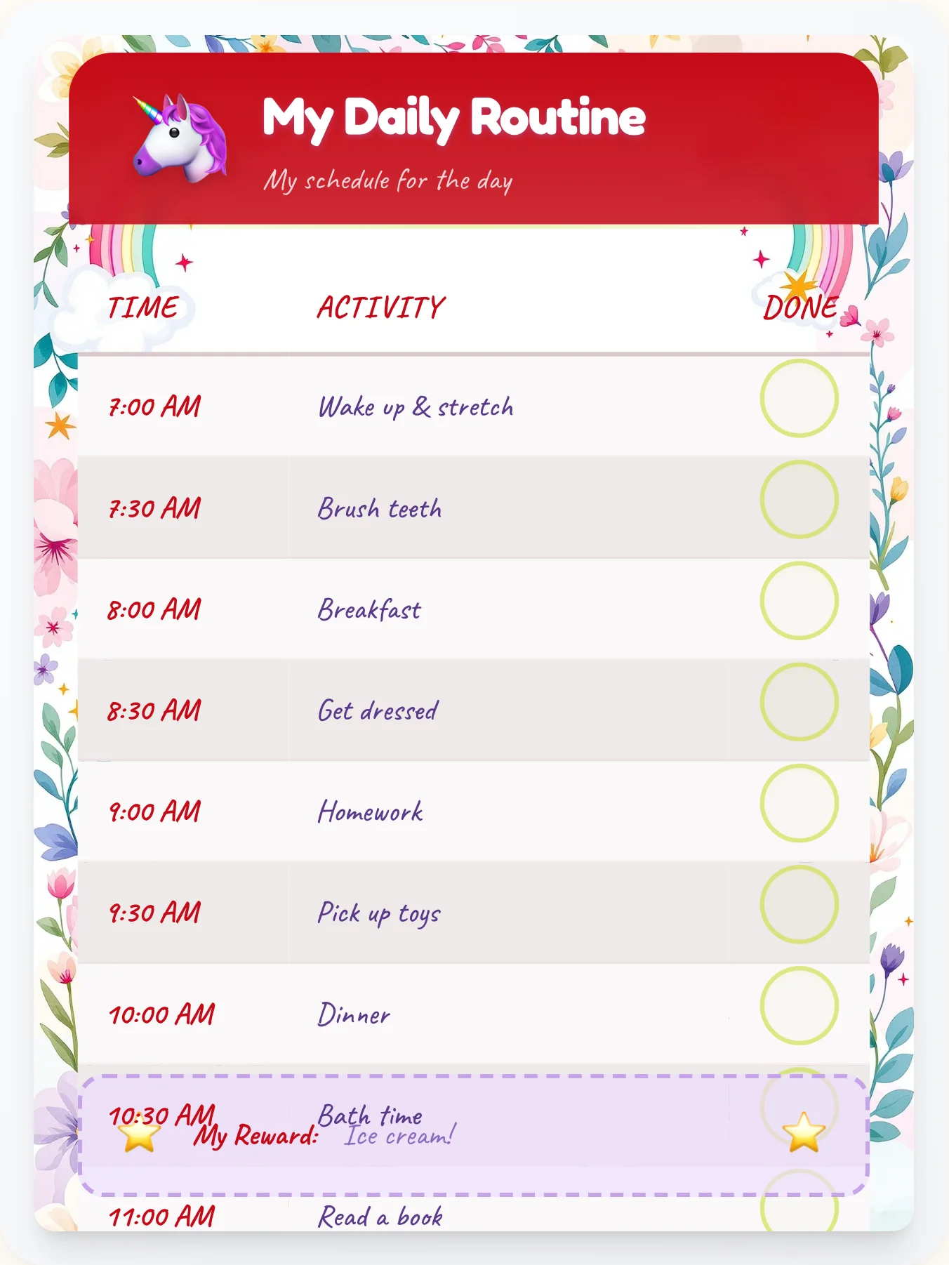 Glossy Unicorn Routine Board - printable unicorn chore chart