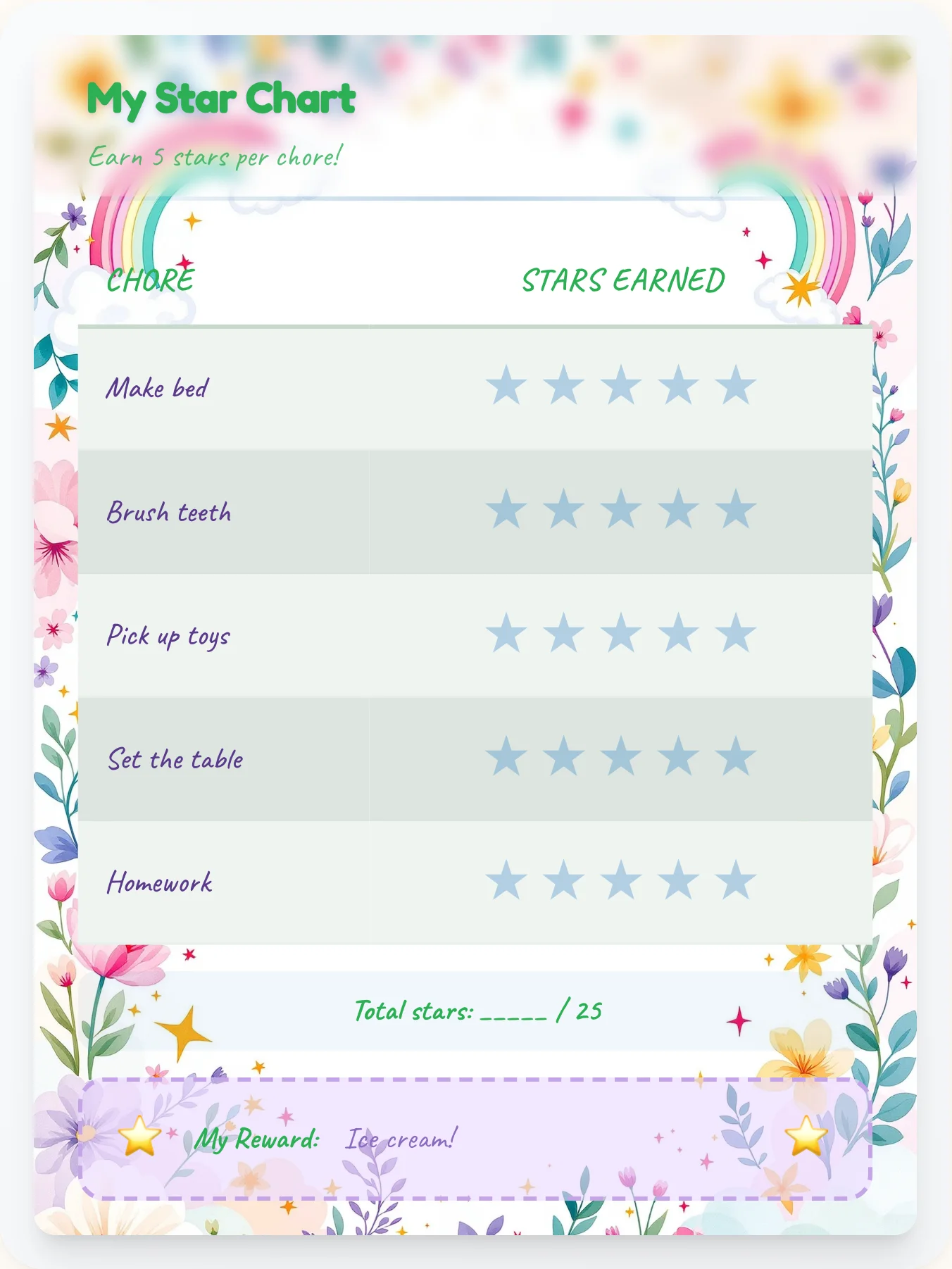 Zen Unicorn Star Tracker - printable unicorn chore chart