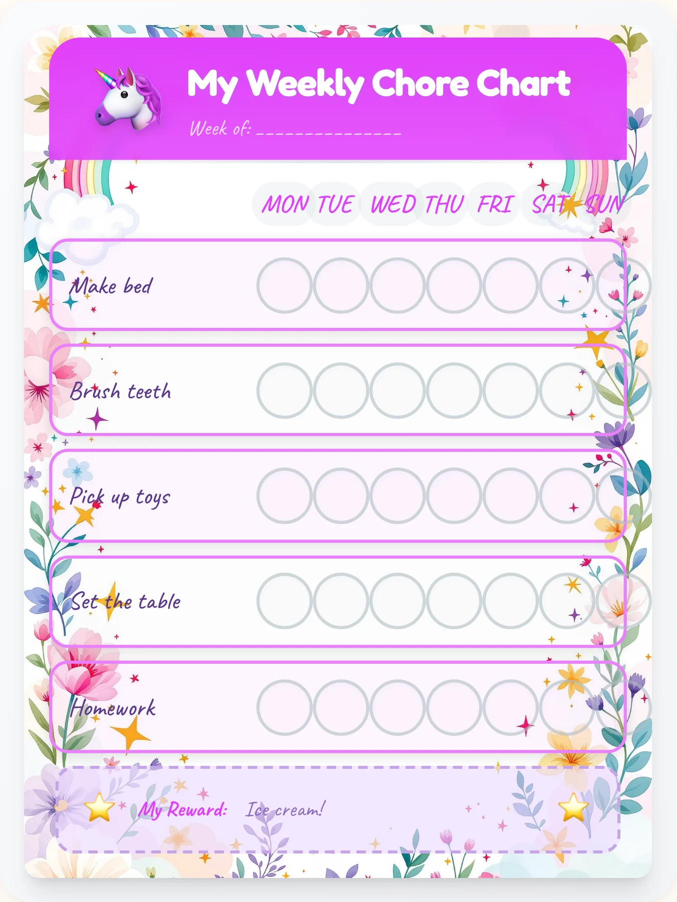 Magic Paper Chore Chart - printable unicorn chore chart
