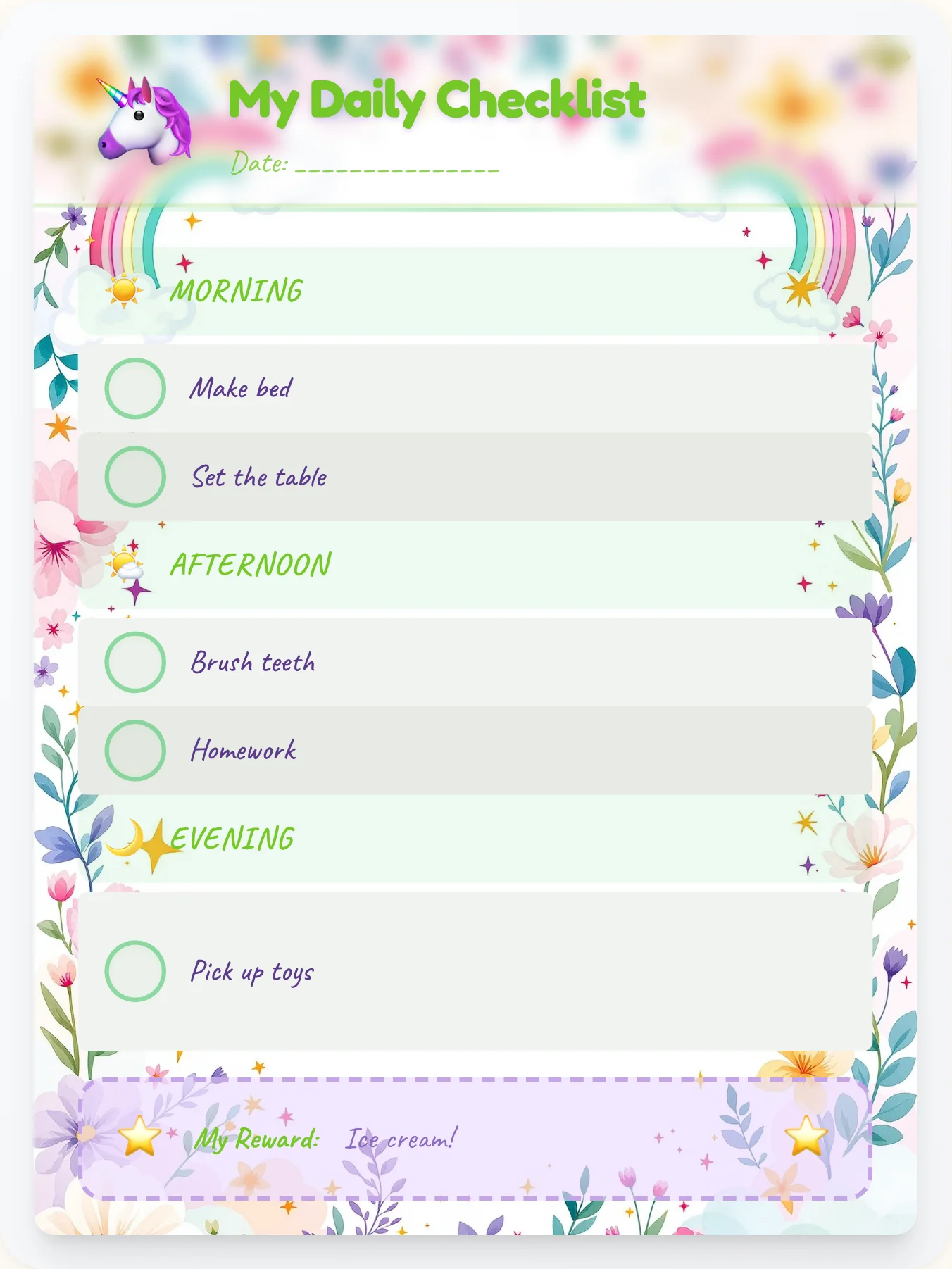 Quiet Unicorn To-Do Chart - printable unicorn chore chart