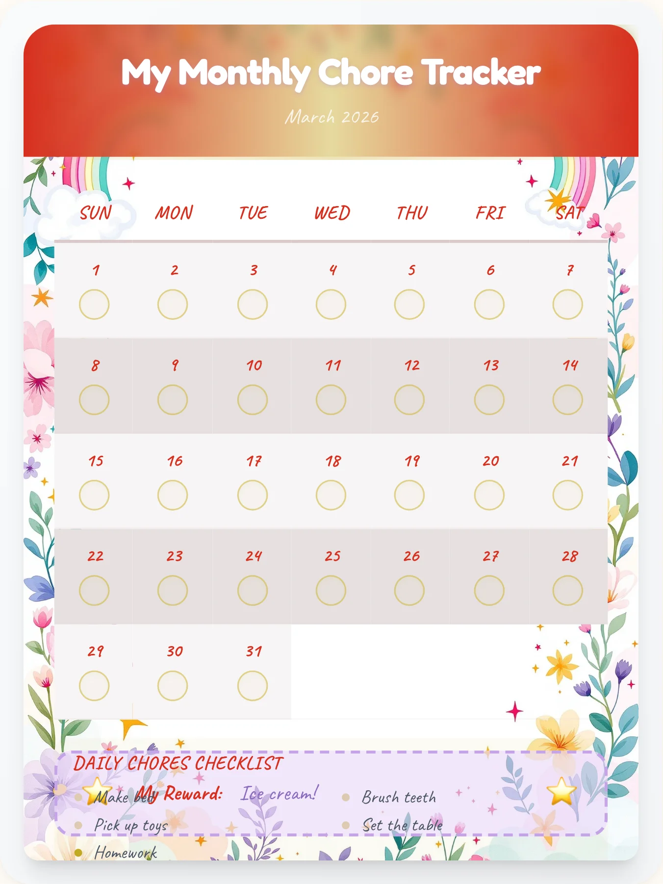 Bright Unicorn Calendar Board - printable unicorn chore chart