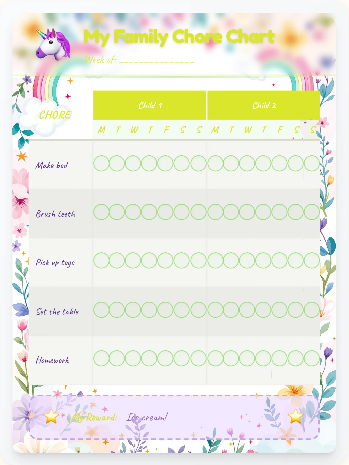 Misty Unicorn Group Planner - printable unicorn chore chart