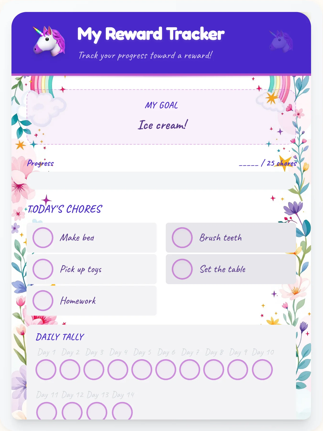 Peaceful Unicorn Goal Chart - printable unicorn chore chart
