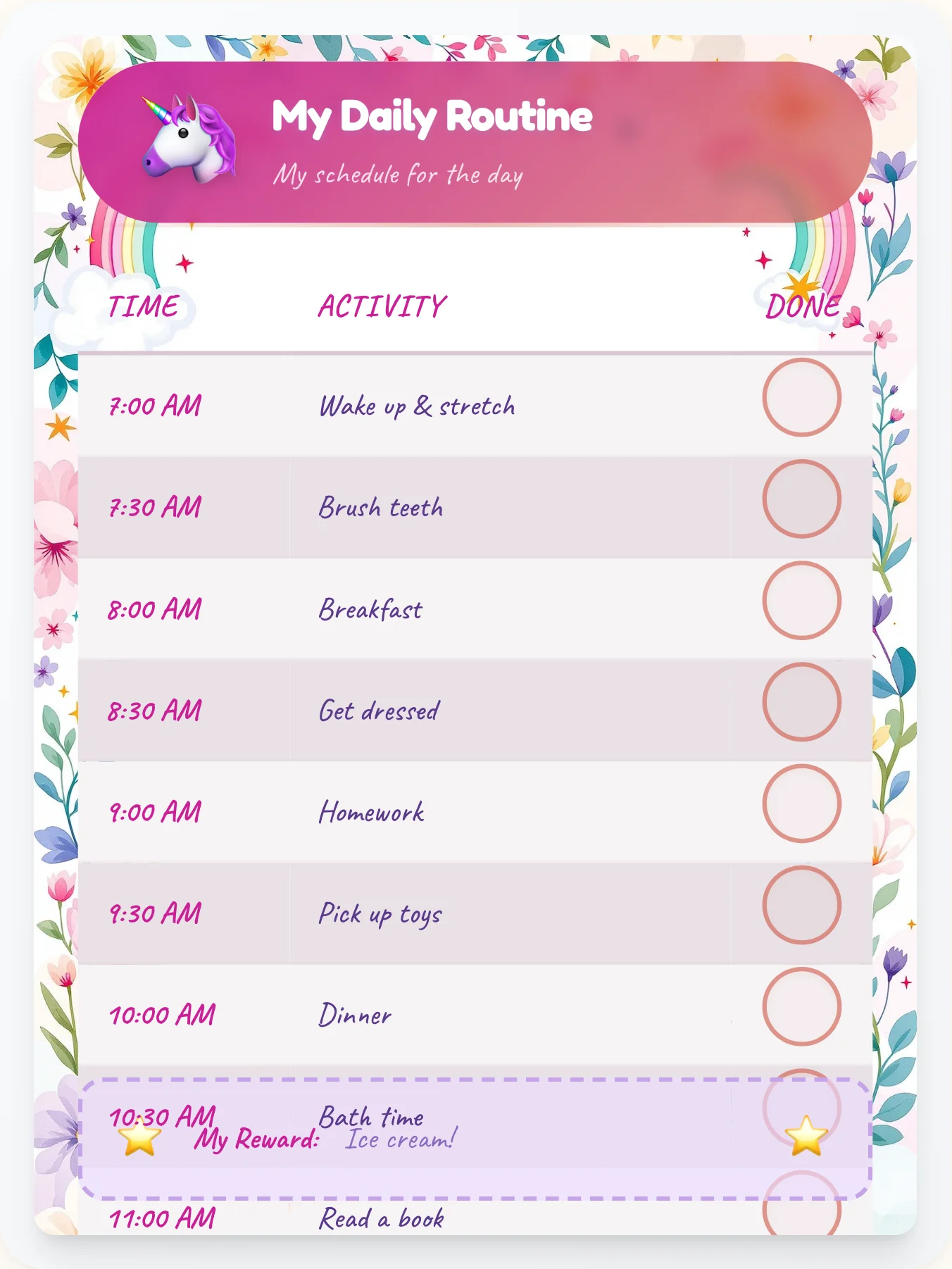Bold Unicorn Flow Chart - printable unicorn chore chart