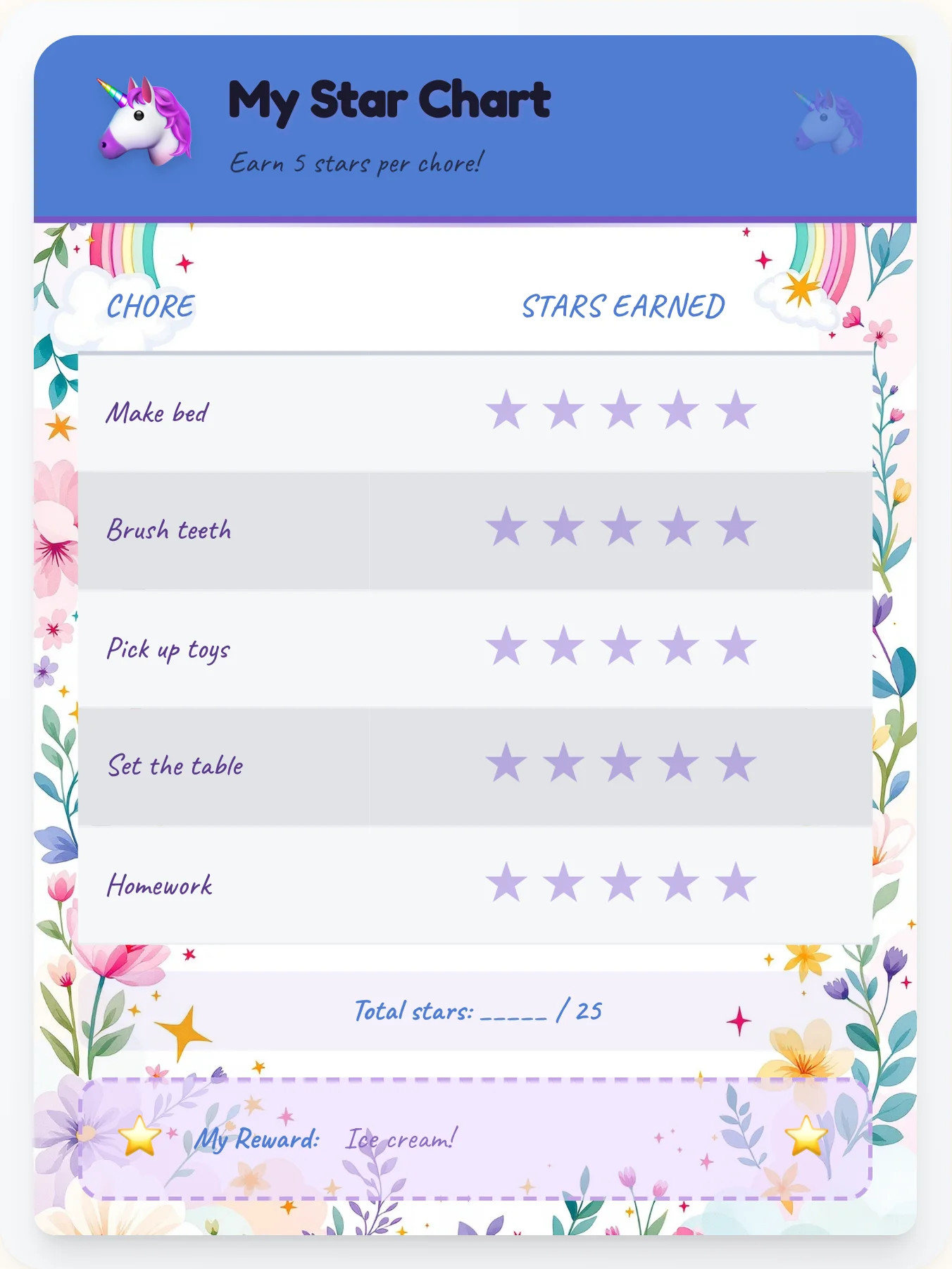 Luminous Unicorn Star Tracker - printable unicorn chore chart