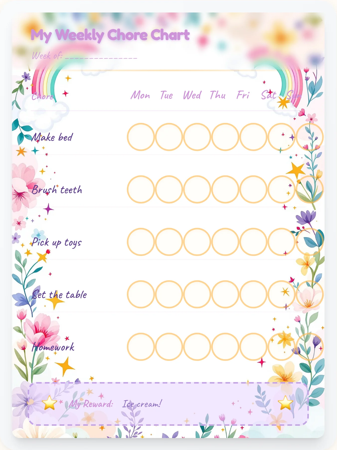 Sparkle Sketch Chore Chart - printable unicorn chore chart