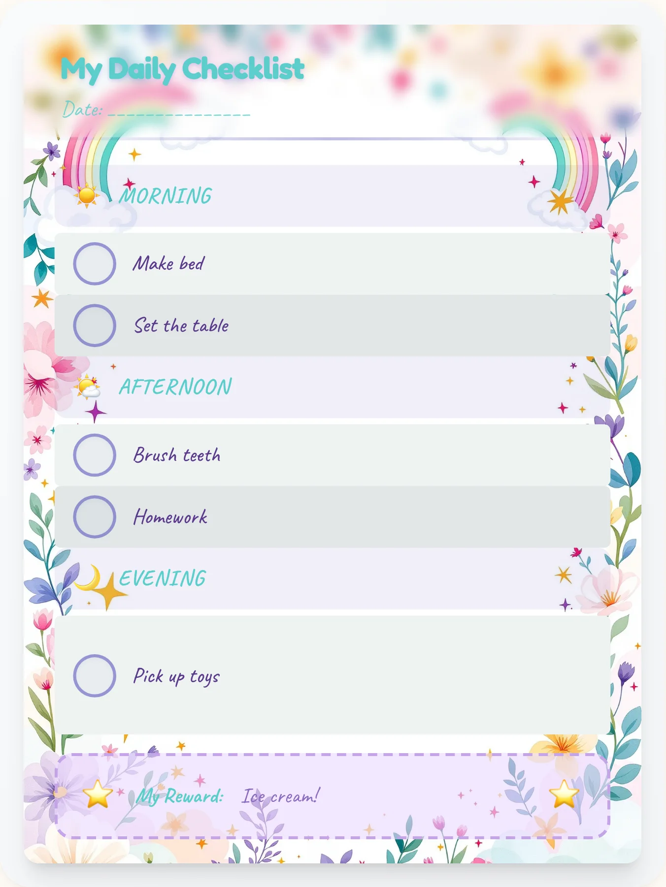 Gentle Unicorn Checklist - printable unicorn chore chart