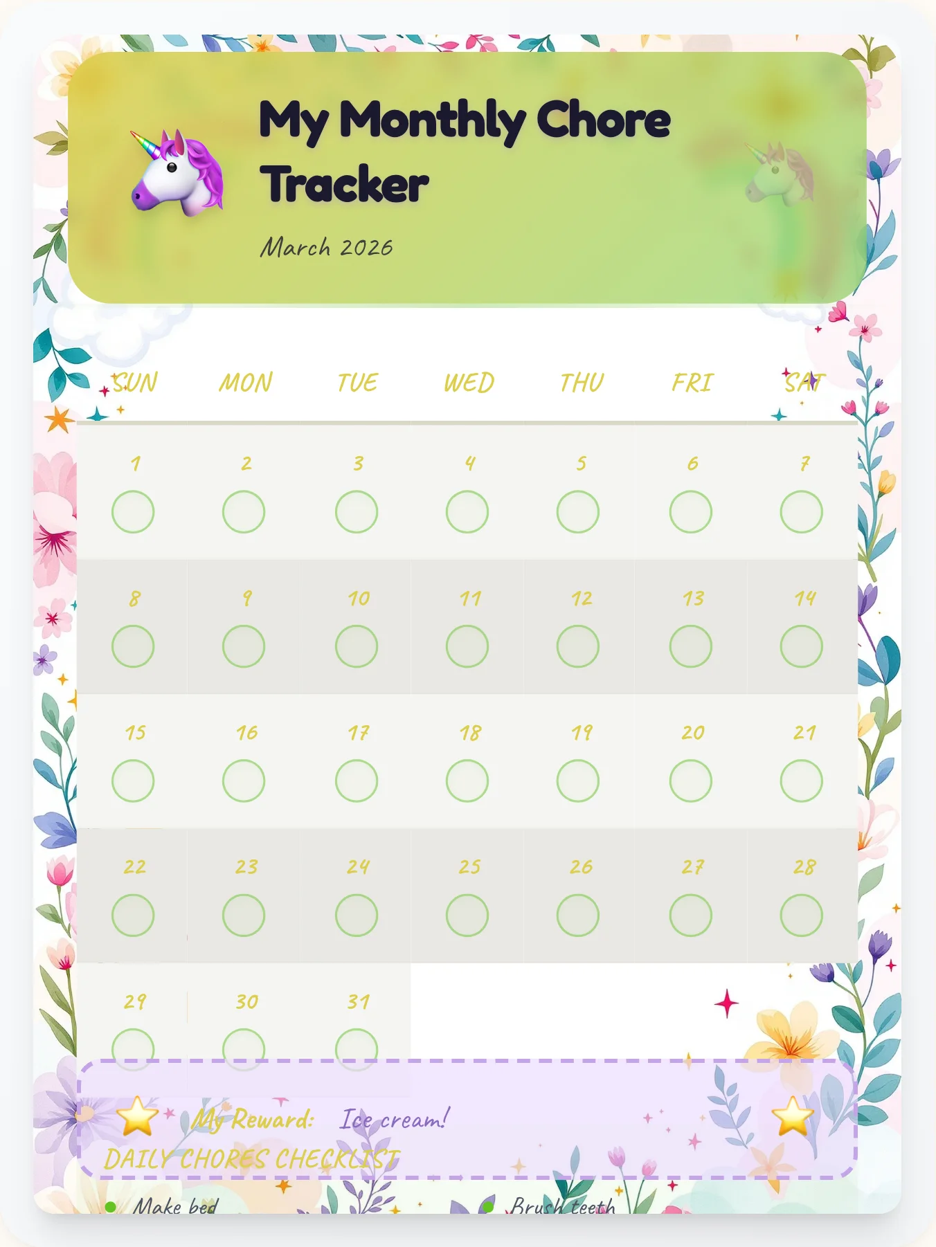 Jolly Unicorn Monthly Grid - printable unicorn chore chart