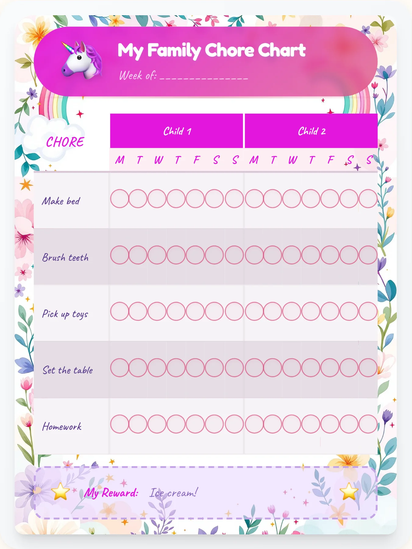 Whimsical Unicorn Sibling Board - printable unicorn chore chart