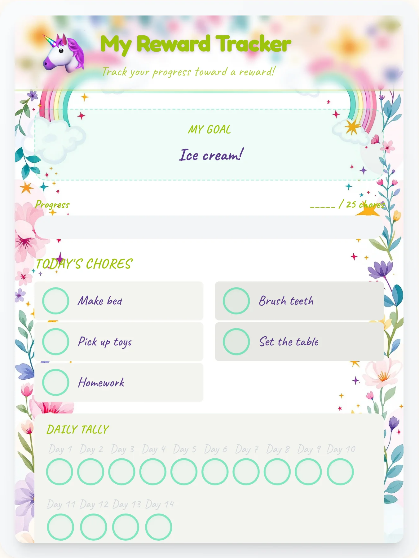 Noble Unicorn Reward Board - printable unicorn chore chart