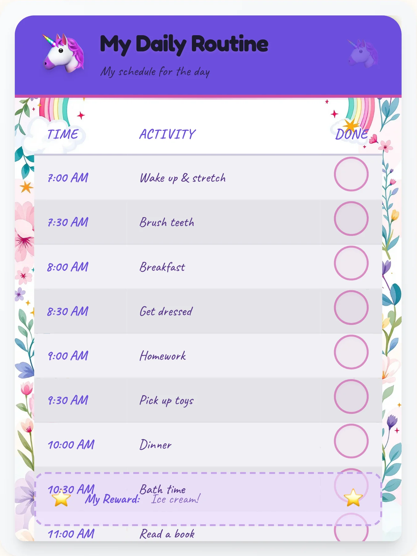 Peaceful Unicorn Time Planner - printable unicorn chore chart