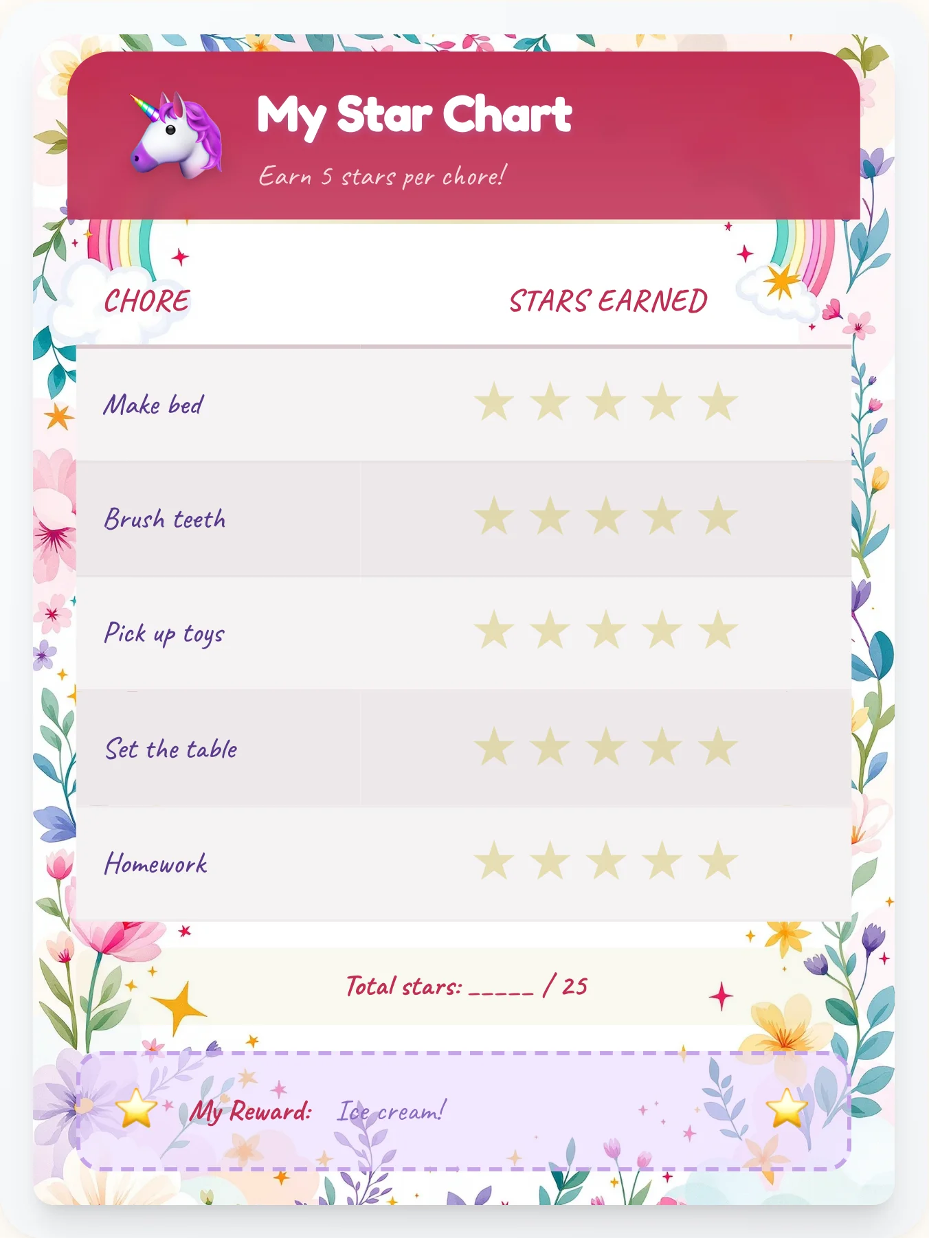 Frosty Unicorn Star Board - printable unicorn chore chart