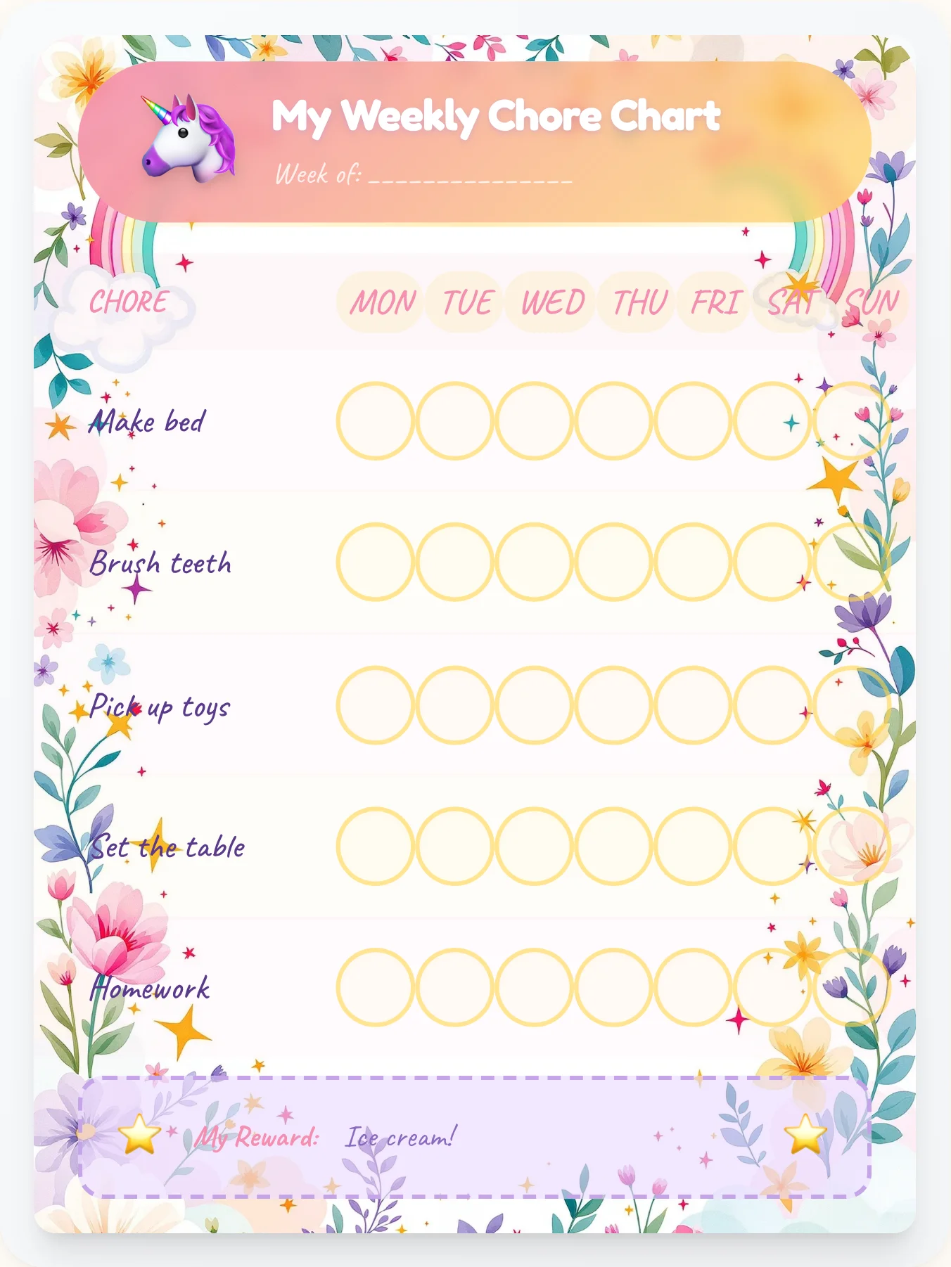 Crystal Horn Chore Chart - printable unicorn chore chart