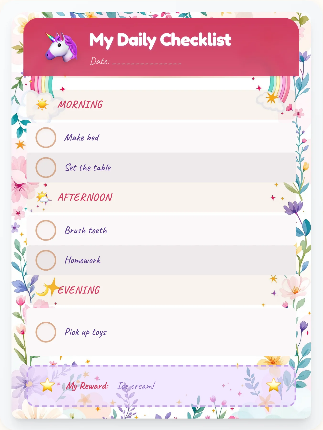 Frosty Unicorn Day Tracker - printable unicorn chore chart